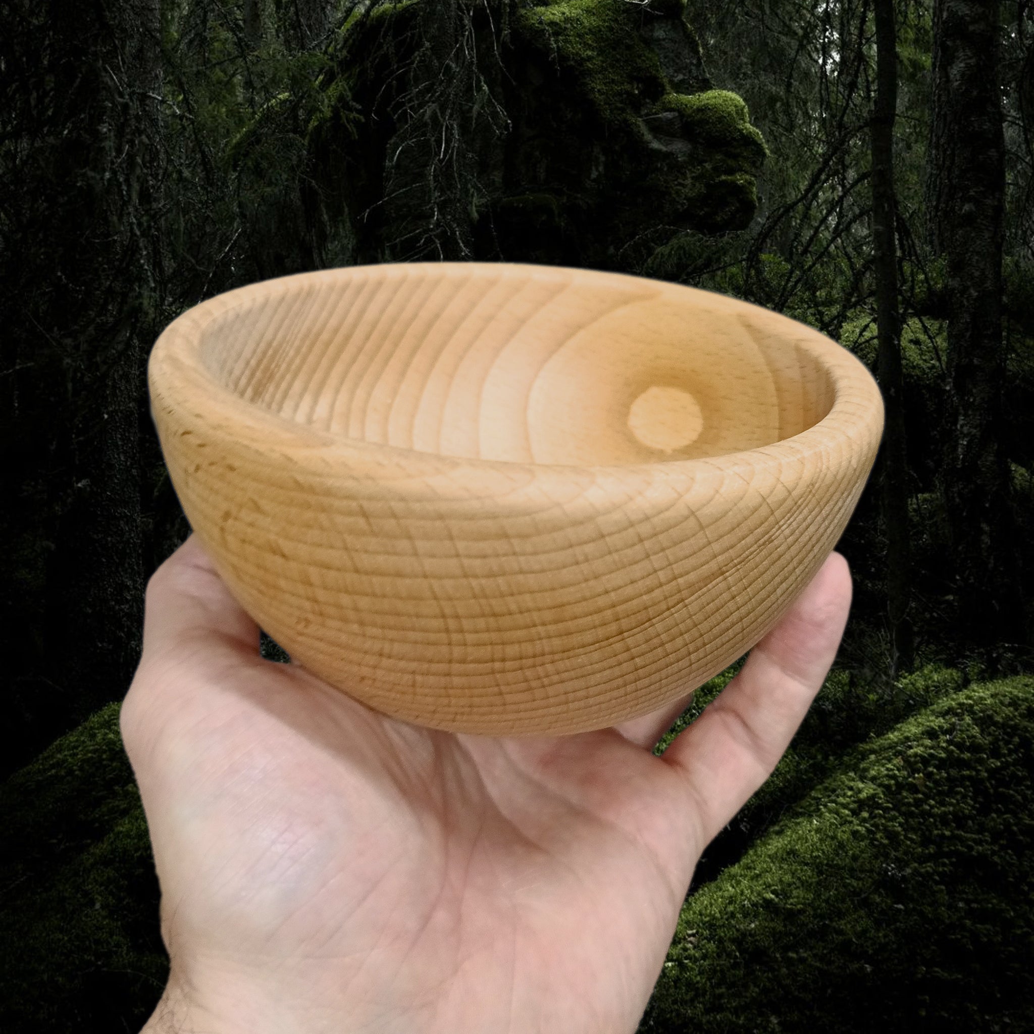 Medium Hand Turned Medieval Wooden Bowl in Hand - Side View