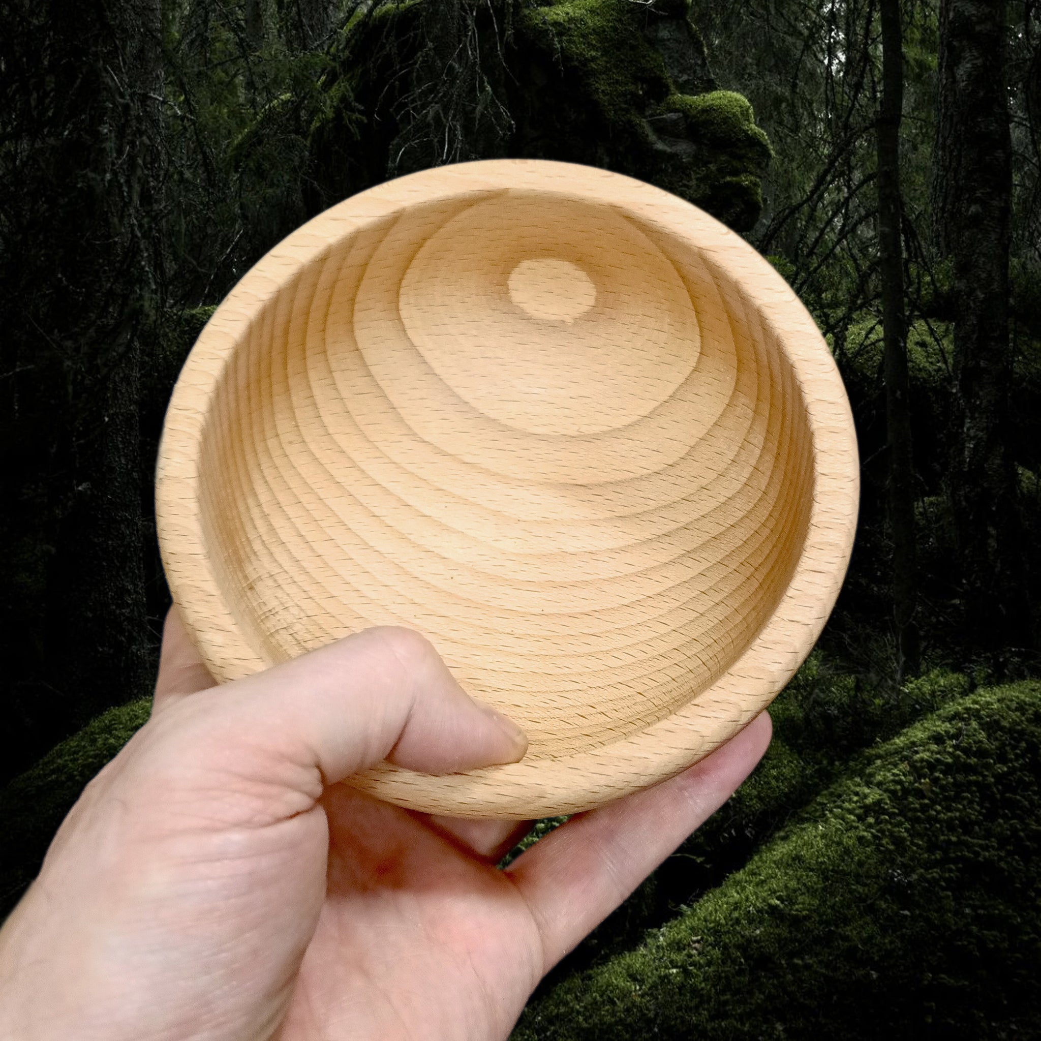 Medium Hand Turned Medieval Wooden Bowl in Hand - Top View