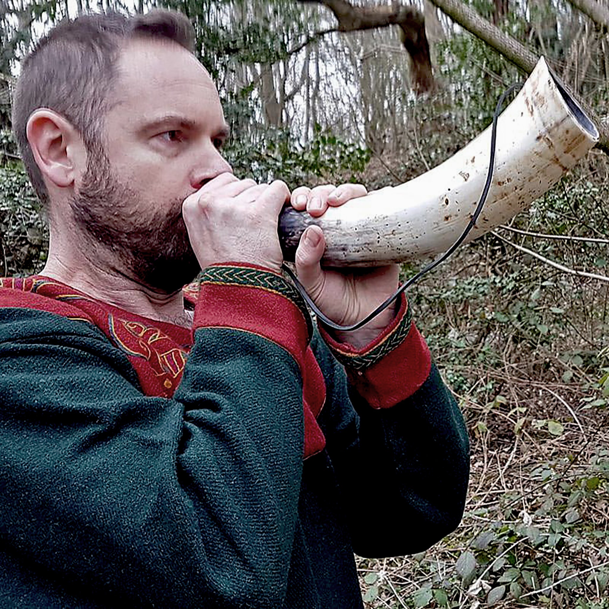 Me Blowing a Medium Viking Blowing Horn / Bugle in the Woods