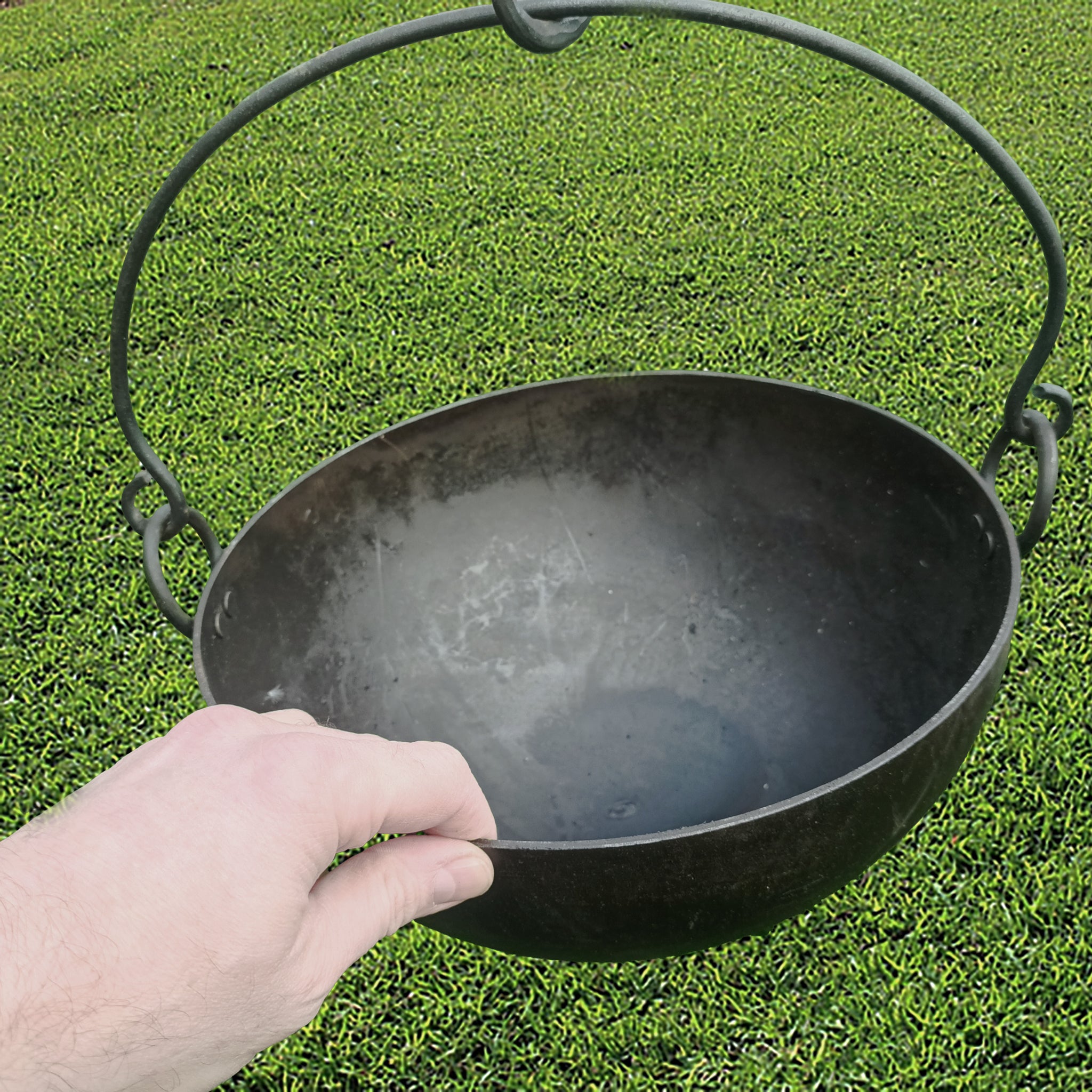 Handmade Steel Cauldron / Cooking Pot with Hand-Forged Iron Handle with Hand for Scale