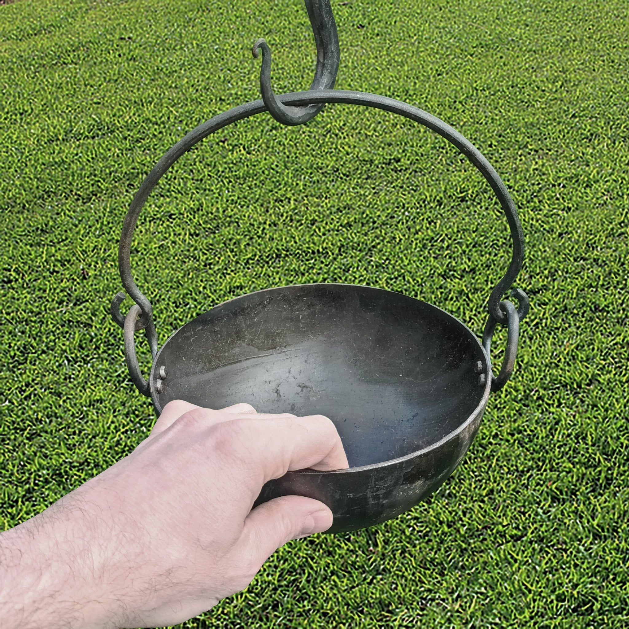 Medium Steel Cauldron / Cooking Pot with Hand-Forged Iron Handles for Viking / Medieval Reenactment with Hand For Scale