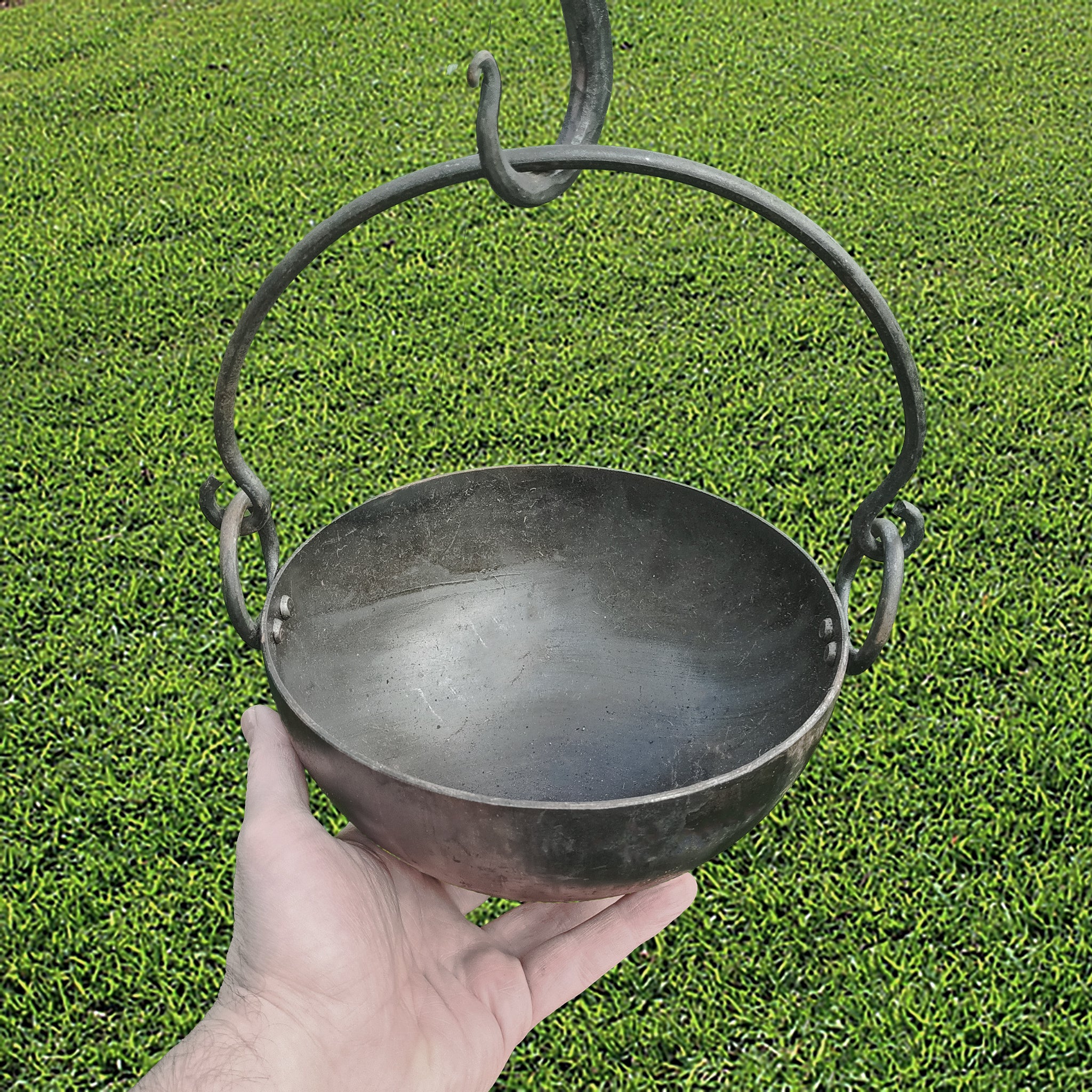 Medium Steel Cauldron / Cooking Pot with Hand-Forged Iron Handles for Viking / Medieval Reenactment with Hand Underneath for Scale