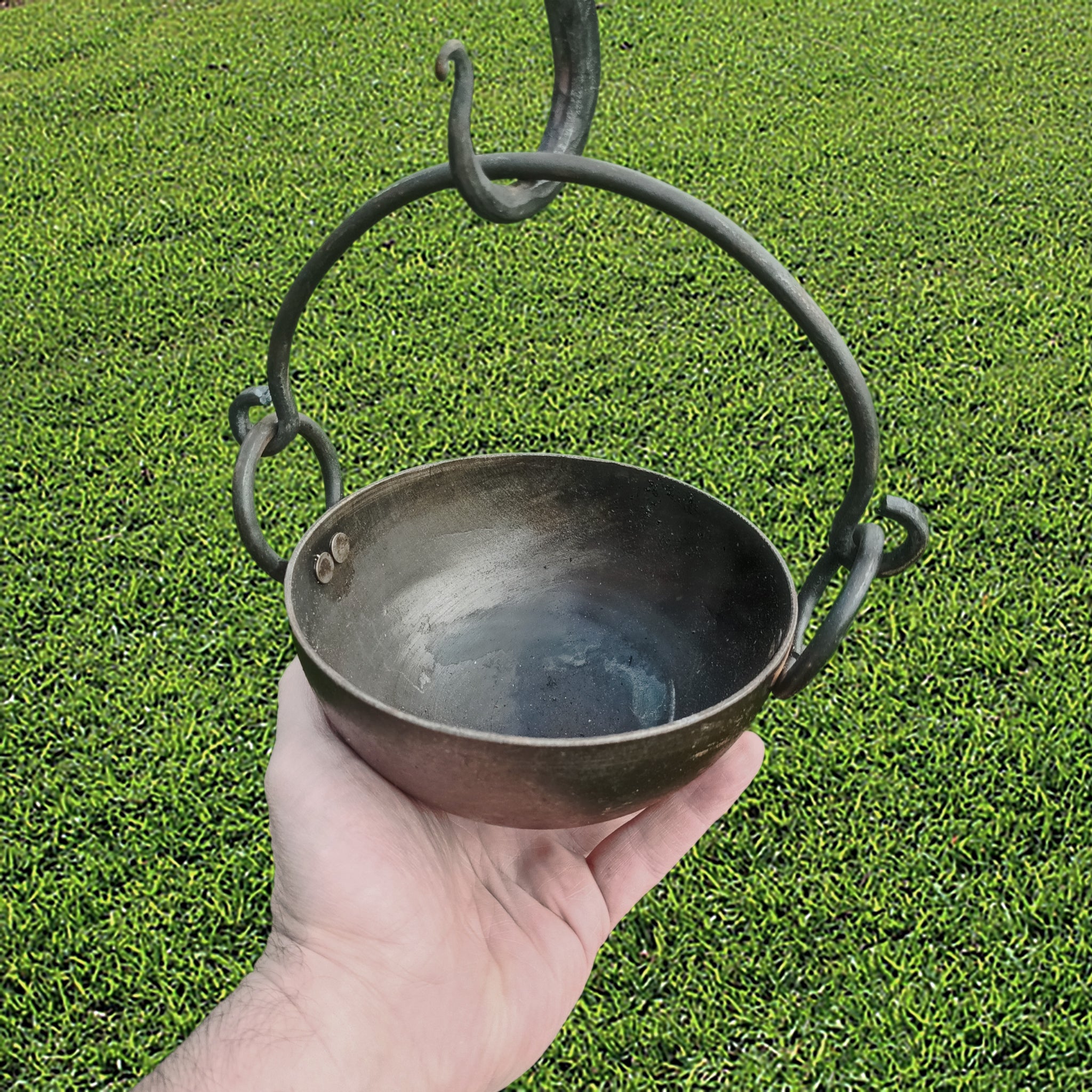 Small Steel Cauldron / Cooking Pan with Hand-Forged Iron Handle with Hand Underneath for Scale