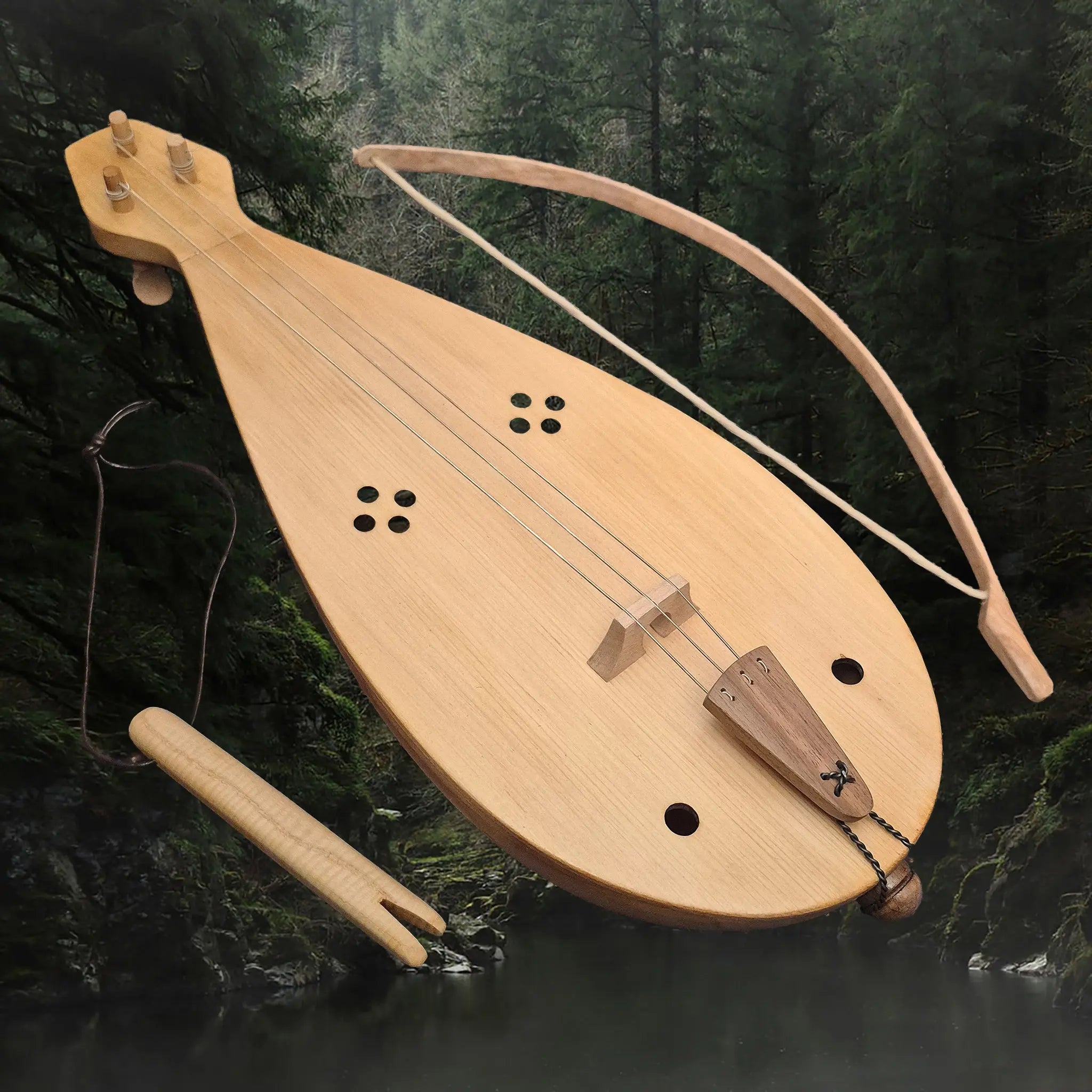 Authentic Viking Age Handmade Rebec Replica with Ash Bow and Tuning Fork - Angled View
