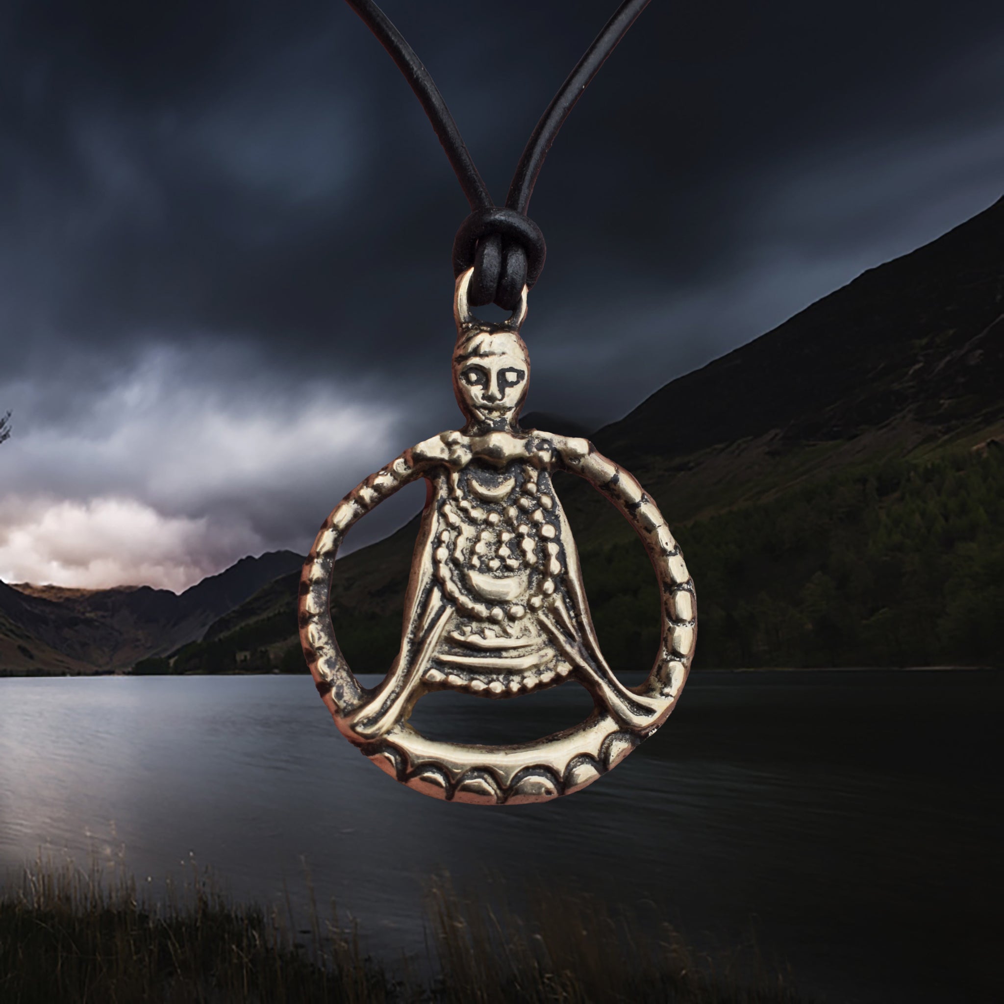 Large Bronze Circular Freya Pendant Replica with Top Loop on Leather Cord