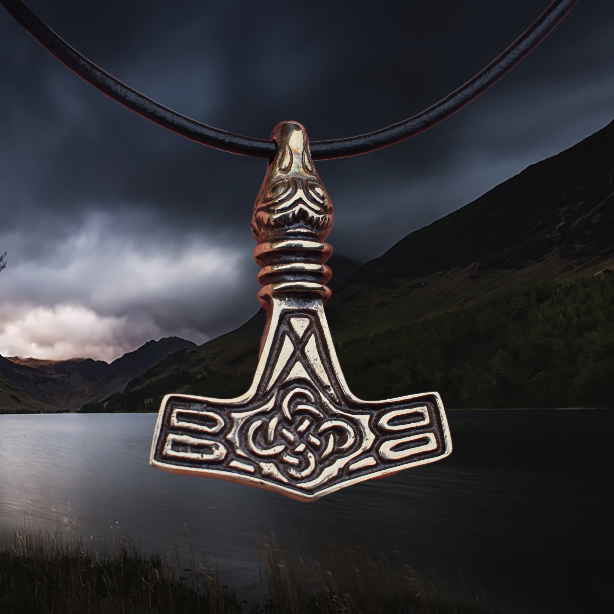 Replica Bronze Viking Age Thor's Hammer Pendant from Sweden with Raven Head on Leather Cord