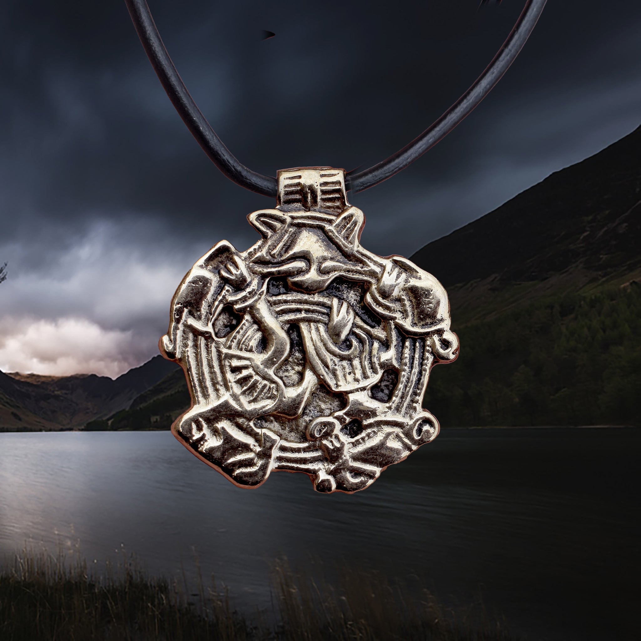 Solid Bronze Replica Viking Gripping Beats Pendant from&nbsp; 10th century Sweden on Leather Cord
