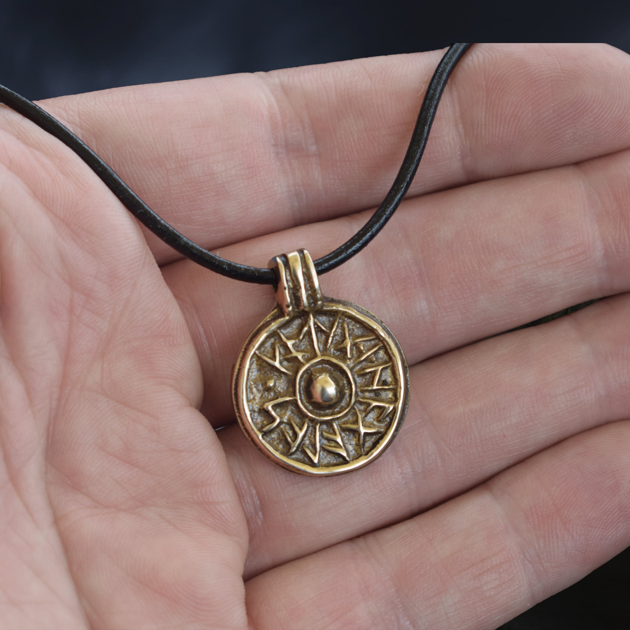 Bronze Round Replica Viking Luck / Good Health Pendant on Leather Cord - On Hand