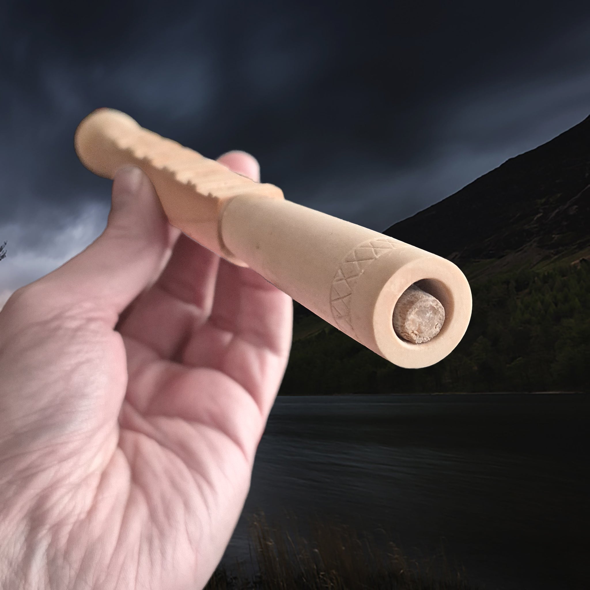 Handmade Viking Age Pipe Flute Replica from Hungate, York in Hand - Reed End View