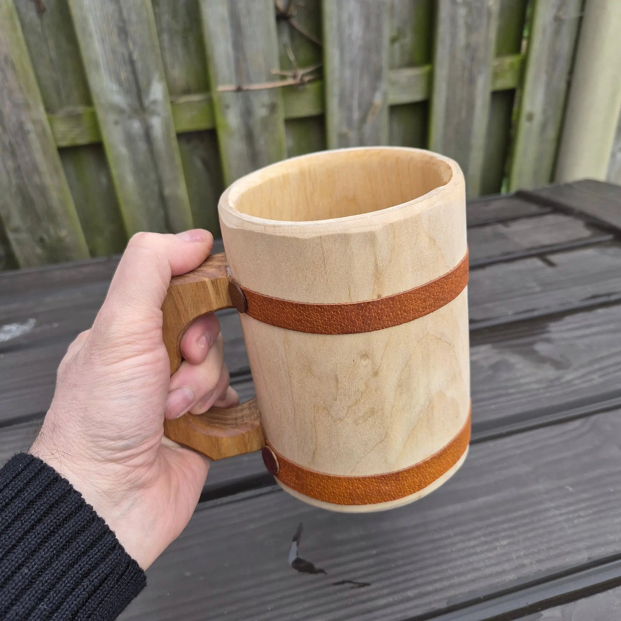 Hand-Carved Medieval Style Alder Wood Beer Tankard - Large Size in Hand - Angle View