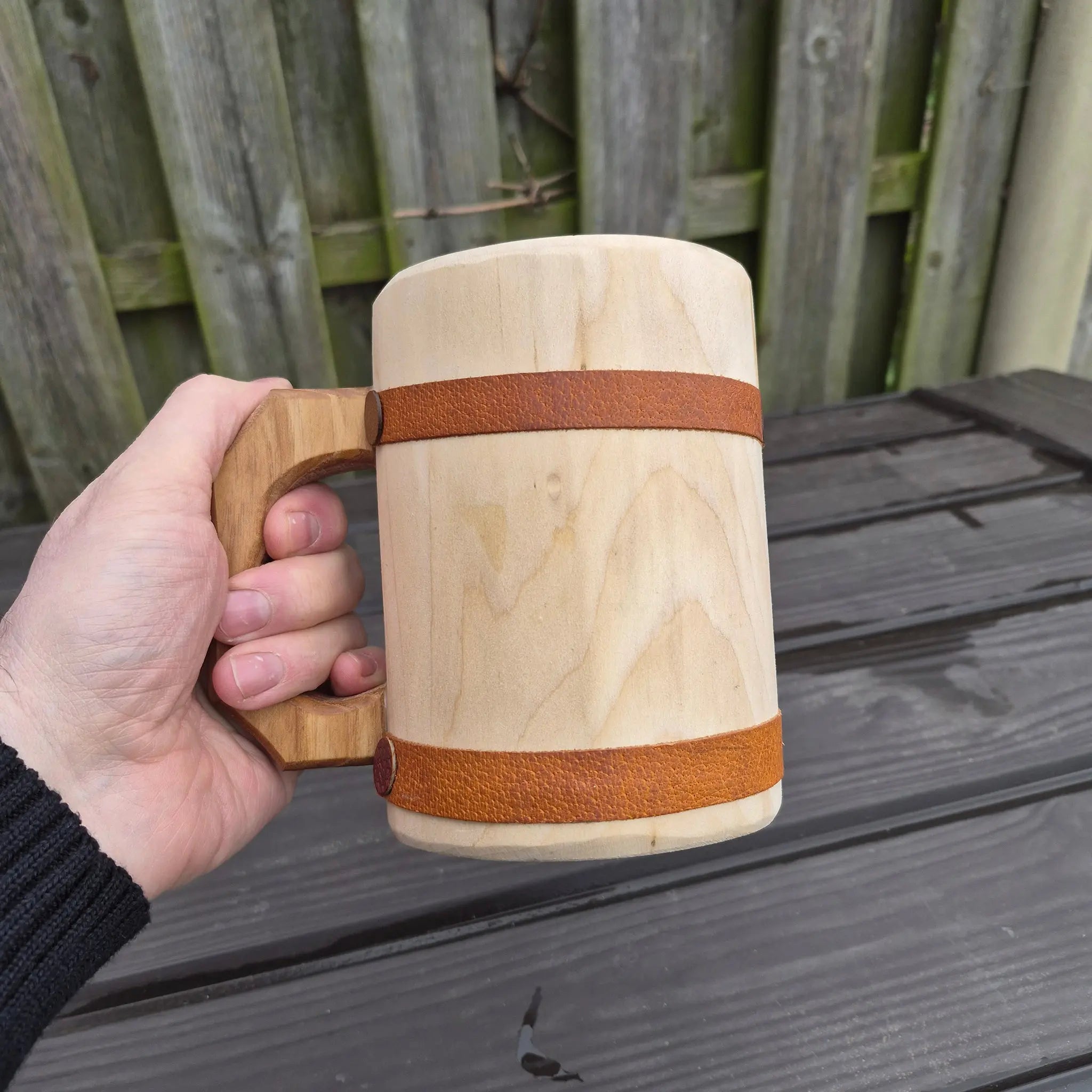 Hand-Carved Medieval Style Alder Wood Beer Tankard - Large Size in Hand