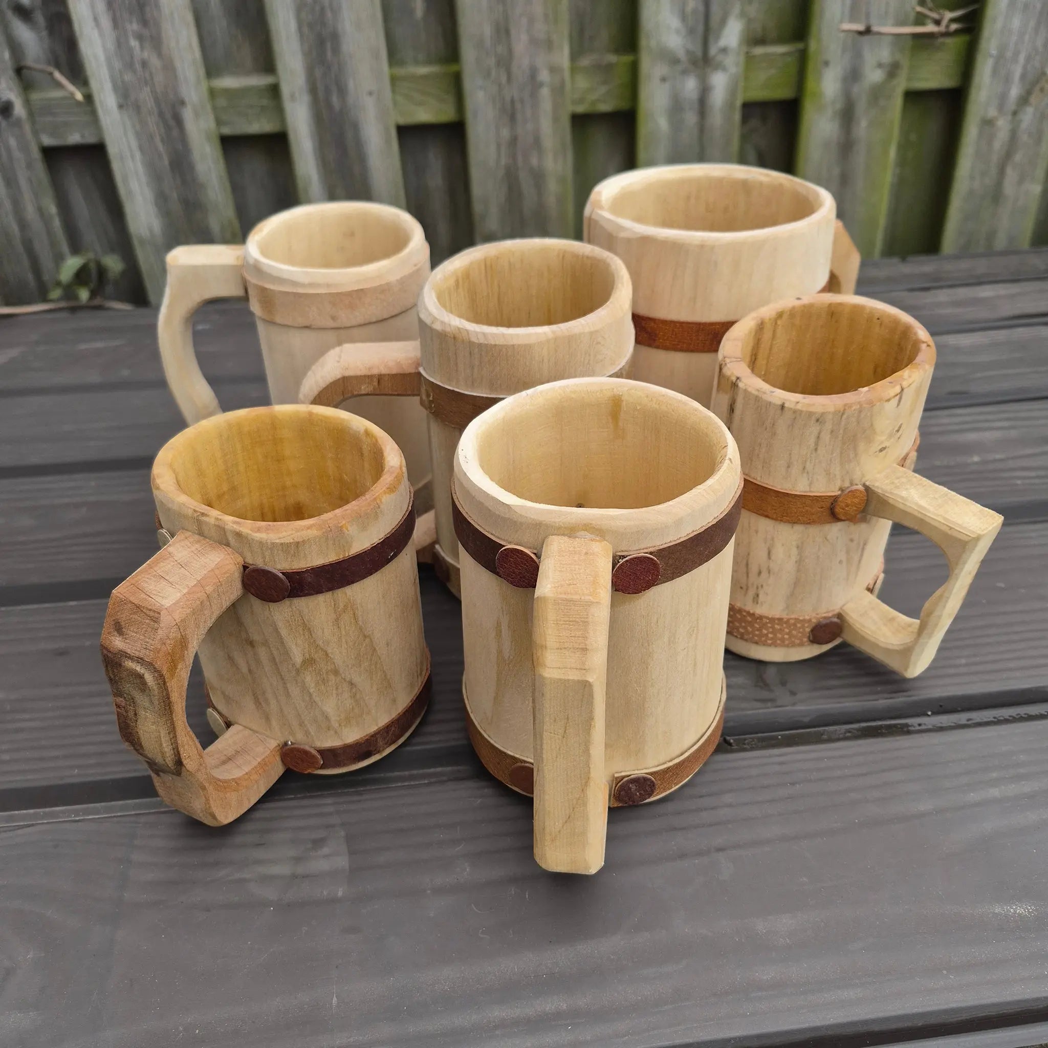 Hand-Carved Medieval Style Alder Wood Beer Tankards All Together
