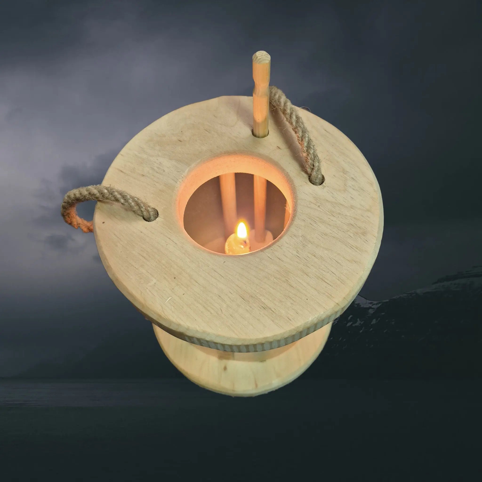 Handmade Replica Medieval Alder Wood Lantern / Lamp - Short Version Lit with Candle, Above Angle View