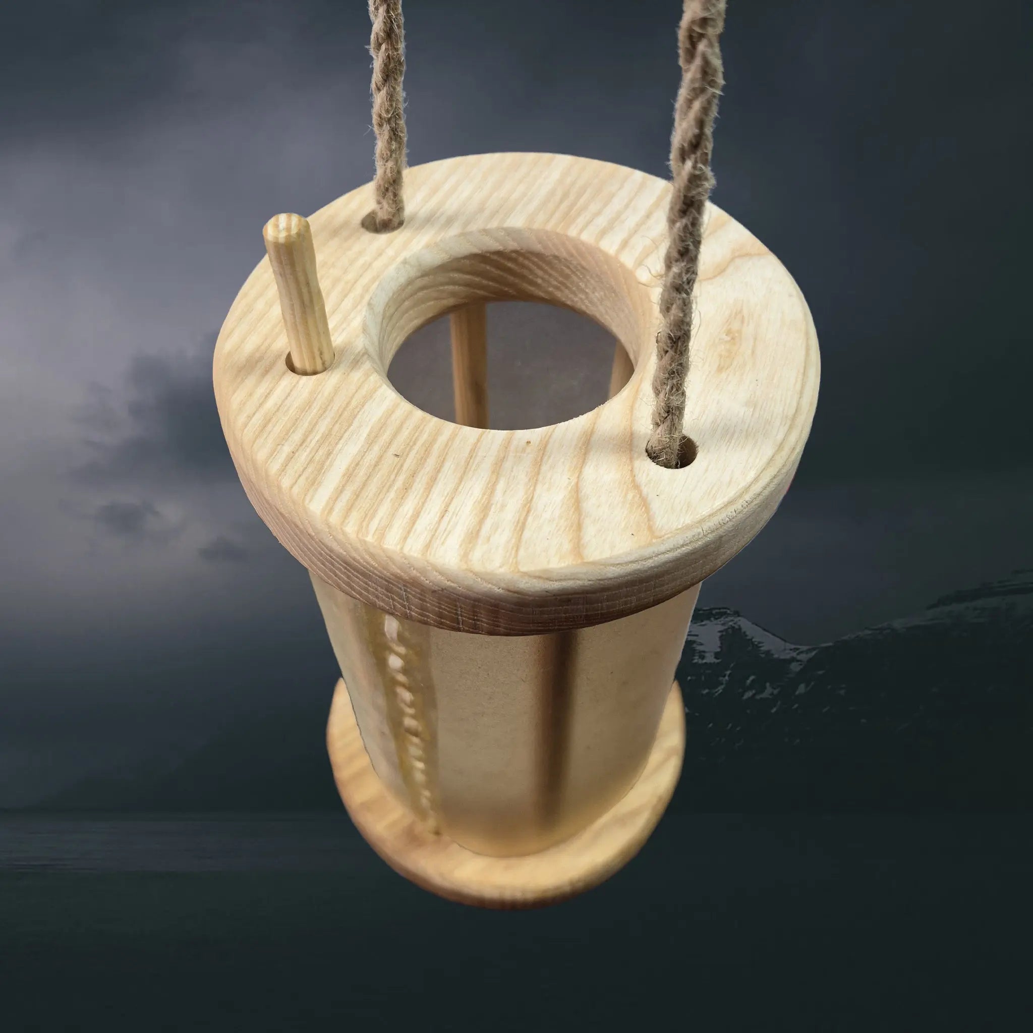 Handmade Replica Medieval Alder Wood Lantern / Lamp - Tall Version, Hanging - Above Angle View