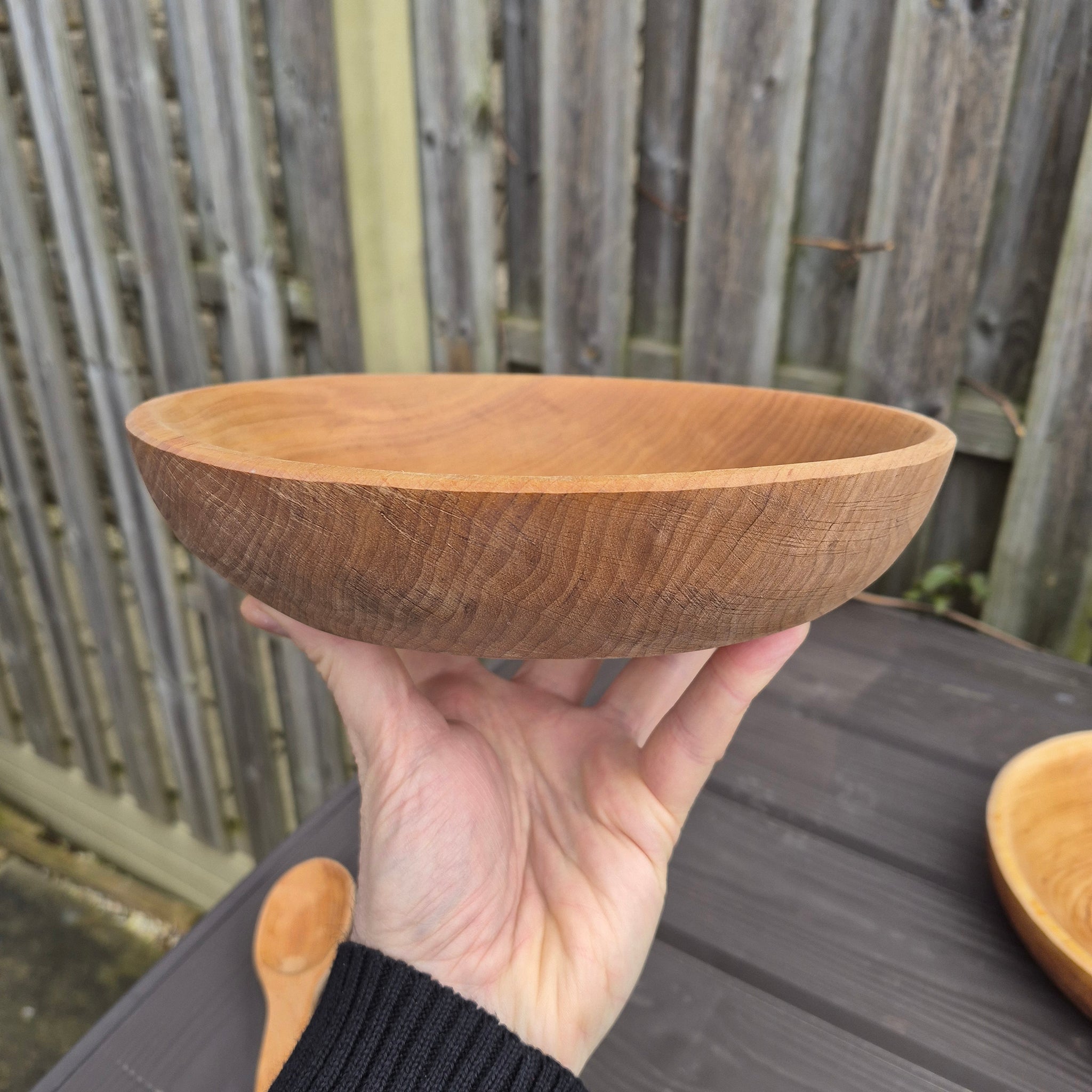 Viking Age Replica Hand Turned Alder Wood Bowl - Large Size in Hand, Aloft from The Viking Dragon