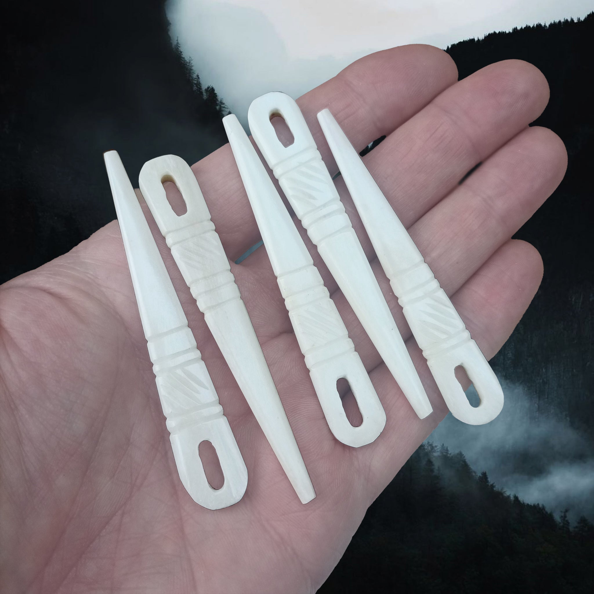 Handmade Bone Viking Nalbinding Needles in Small Size with Hand-Carved Decorations
