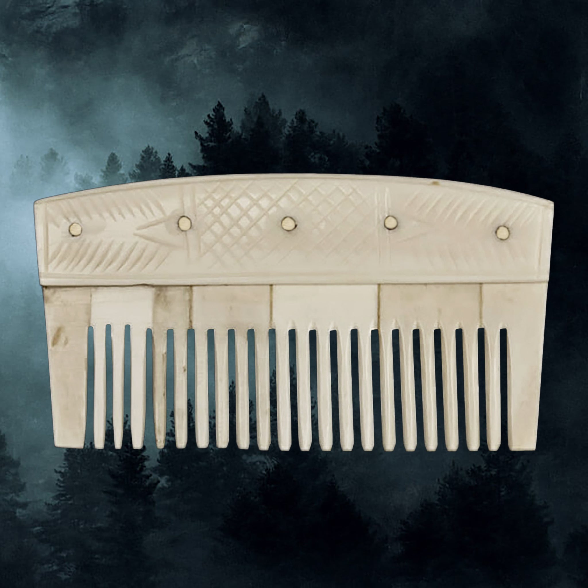 Decorated Bone Viking Comb with Brass Rivets