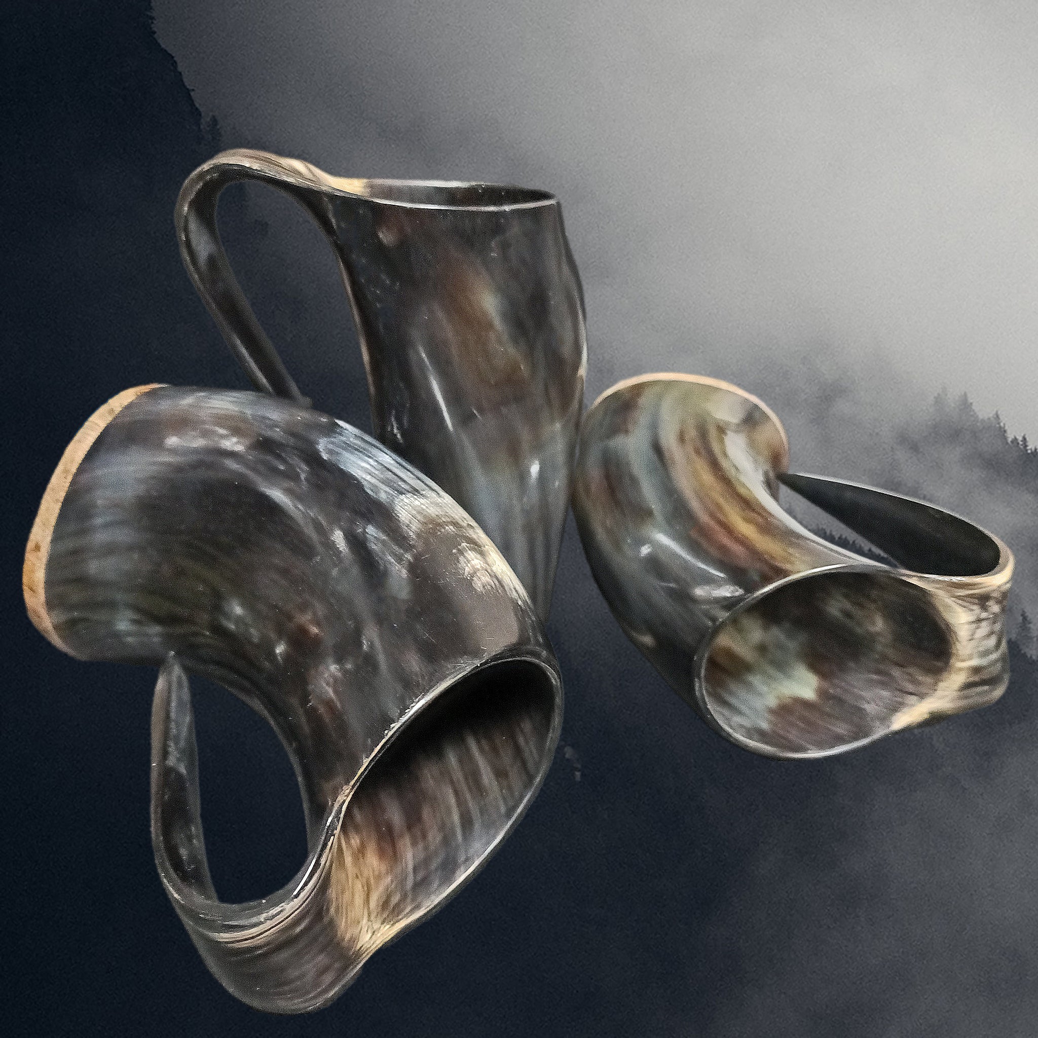 3 Medium Polished Ox Horn Beer Mugs Together - Sowing Insides