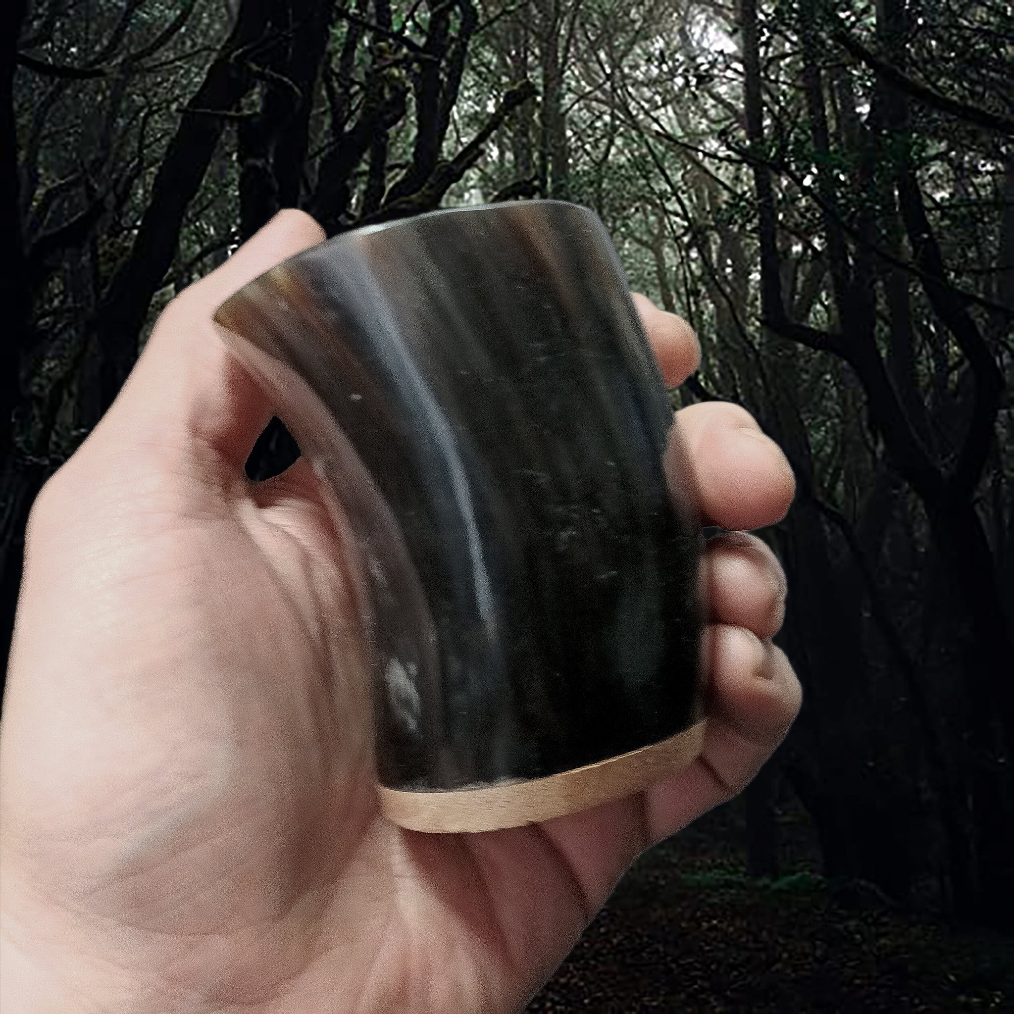 Handmade Cow Horn Dice Shaker / Shot Cups with Hard Wood Base in Hand - Dark Colour