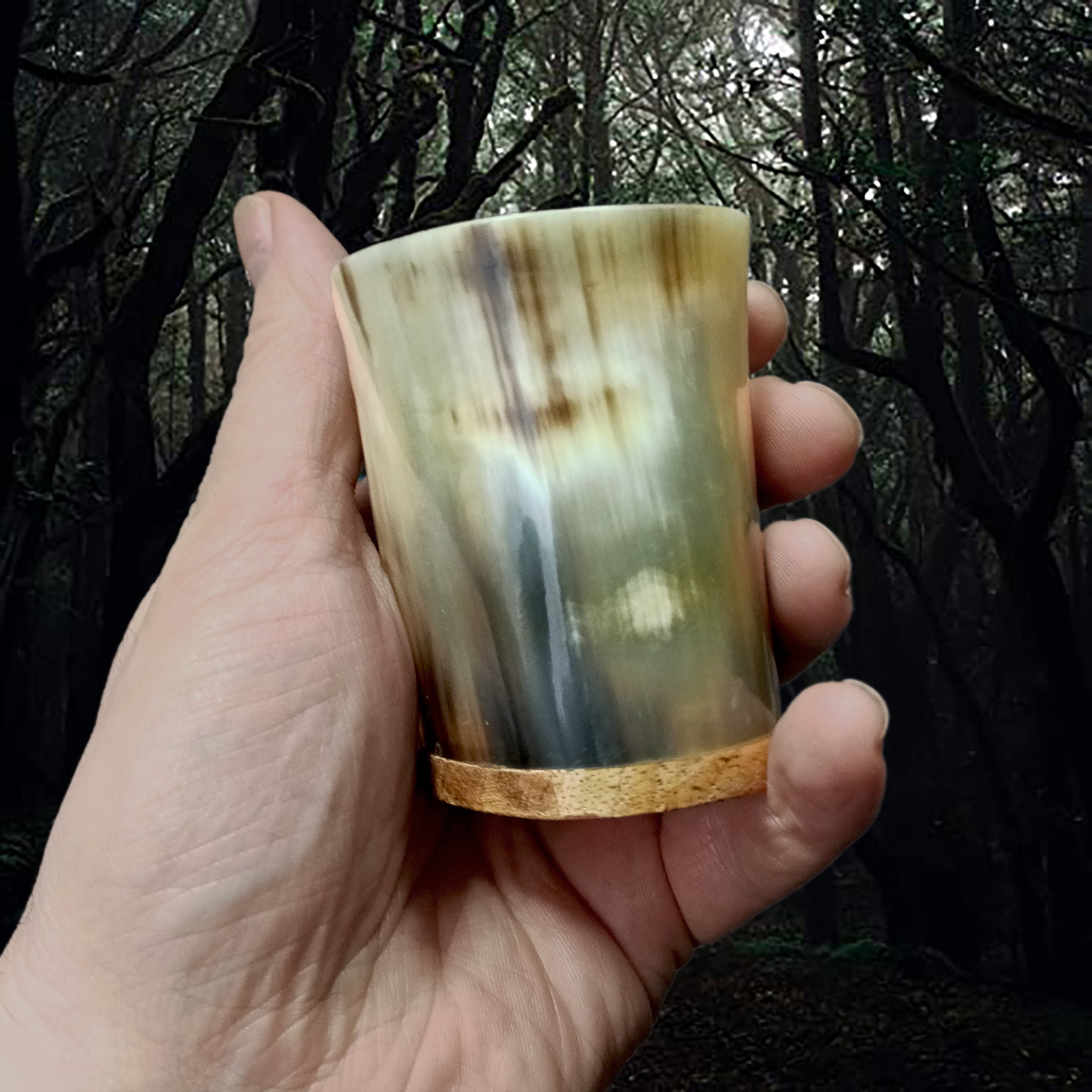 Handmade Cow Horn Dice Shaker / Shot Cups with Hard Wood Base in Hand