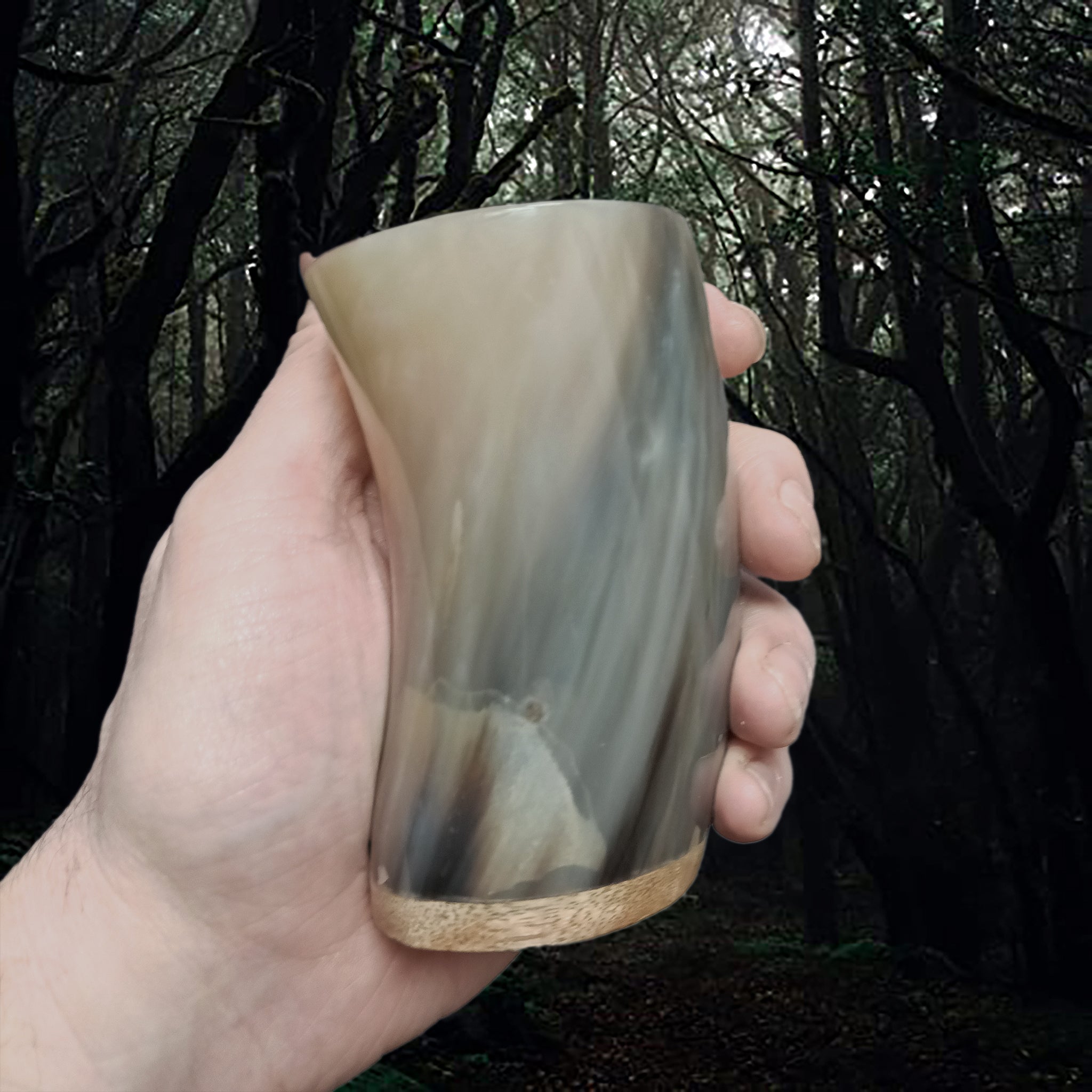 Handmade Polished Cow Horn Mead Cup with Hardwood Base in Hand - Mid Beige Striped