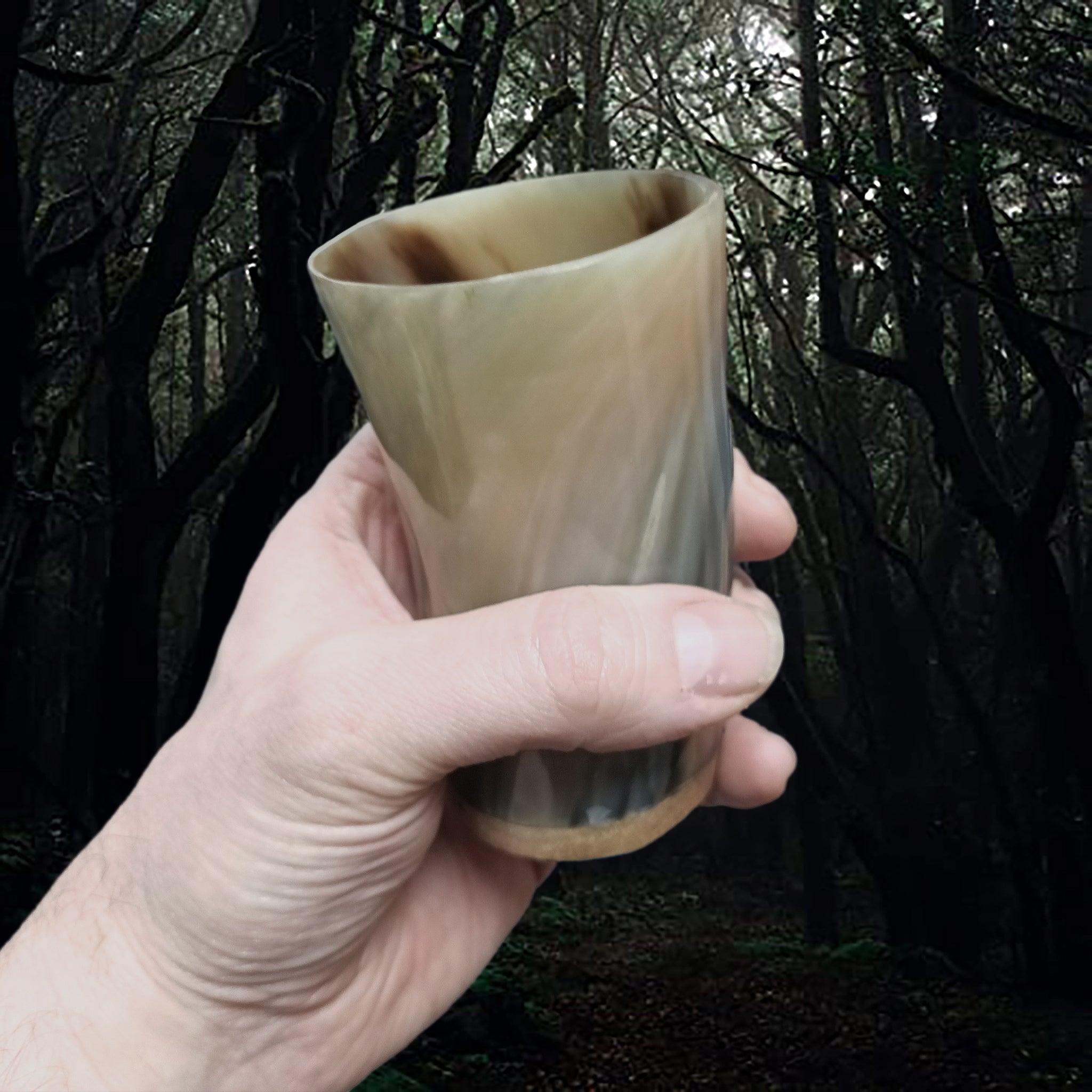 Handmade Polished Cow Horn Mead Cup with Hardwood Base - Medium Sized Striped