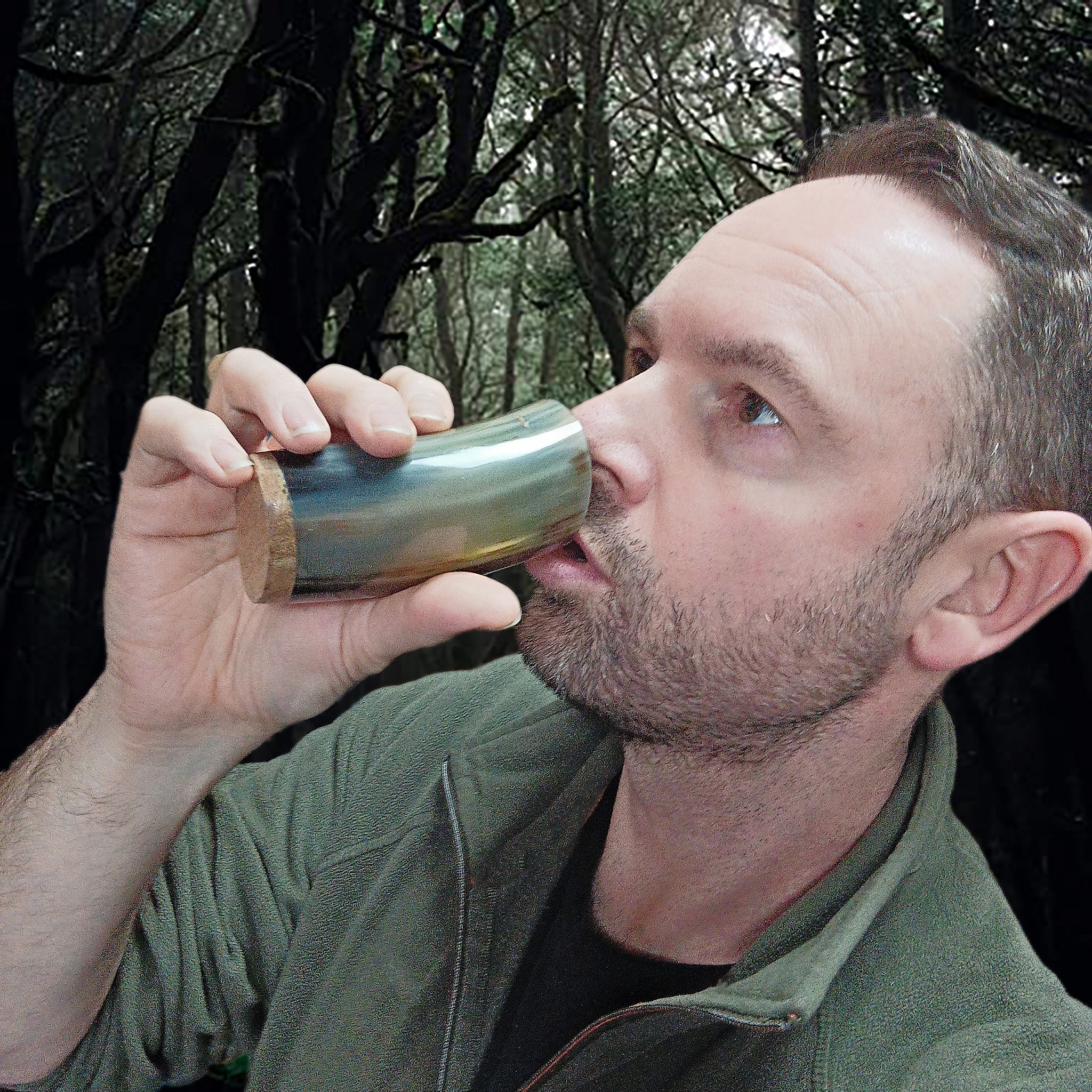 Handmade Polished Cow Horn Mead Cup with Hardwood Base in Hand - Drinking