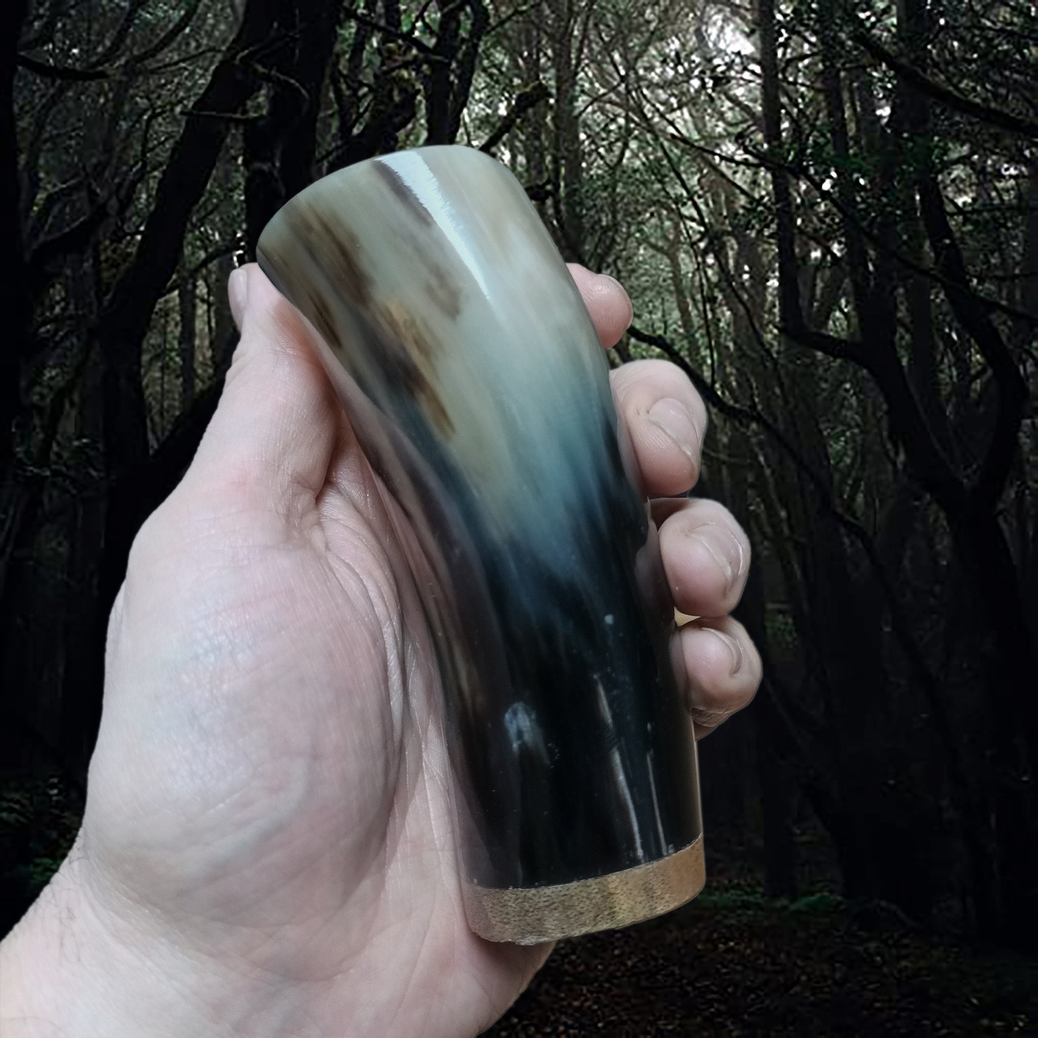 Handmade Polished Cow Horn Mead Cup with Hardwood Base in Hand - Dark Slim Cup