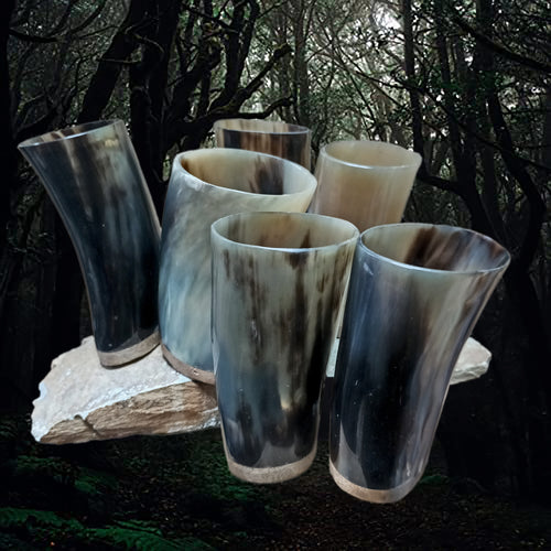 Handmade Polished Cow Horn Mead Cups with Hardwood Bases on Rock