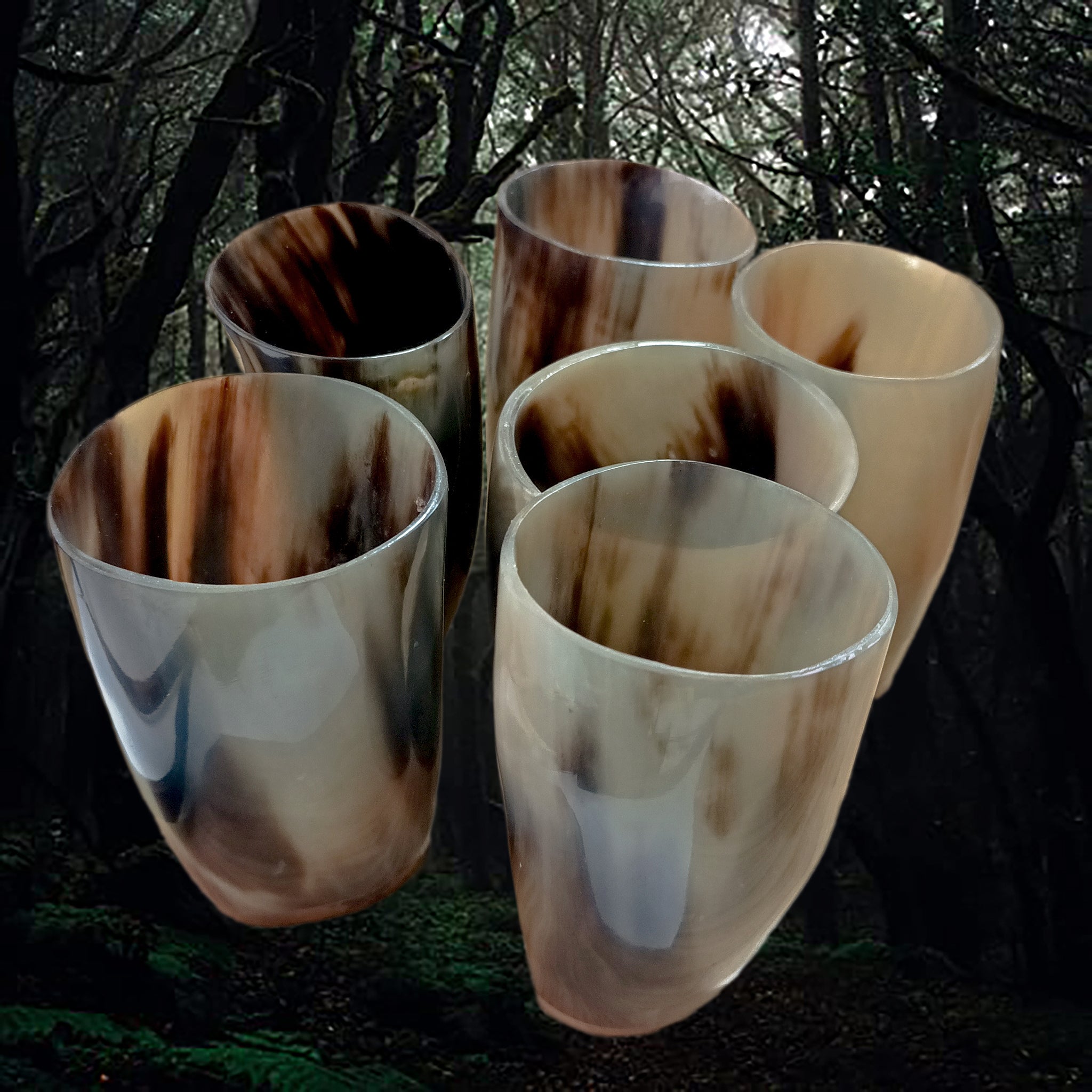 Handmade Polished Cow Horn Mead Cups with Hardwood Bases