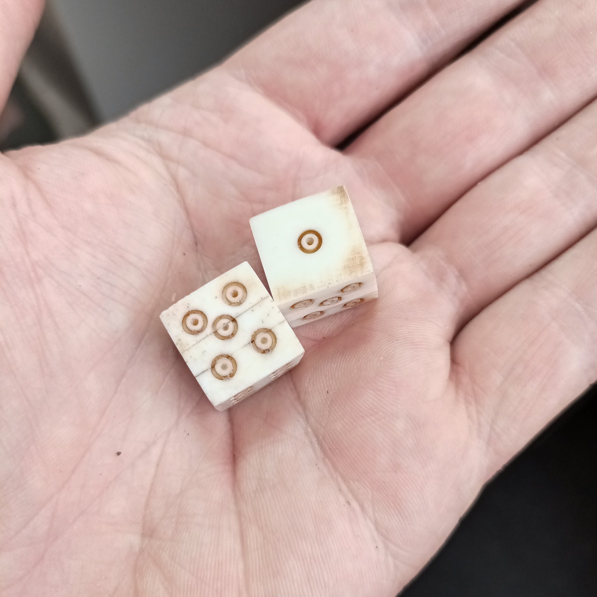 Large Bone Dice With Brown Dot and Rings Marks x 2 On Hand