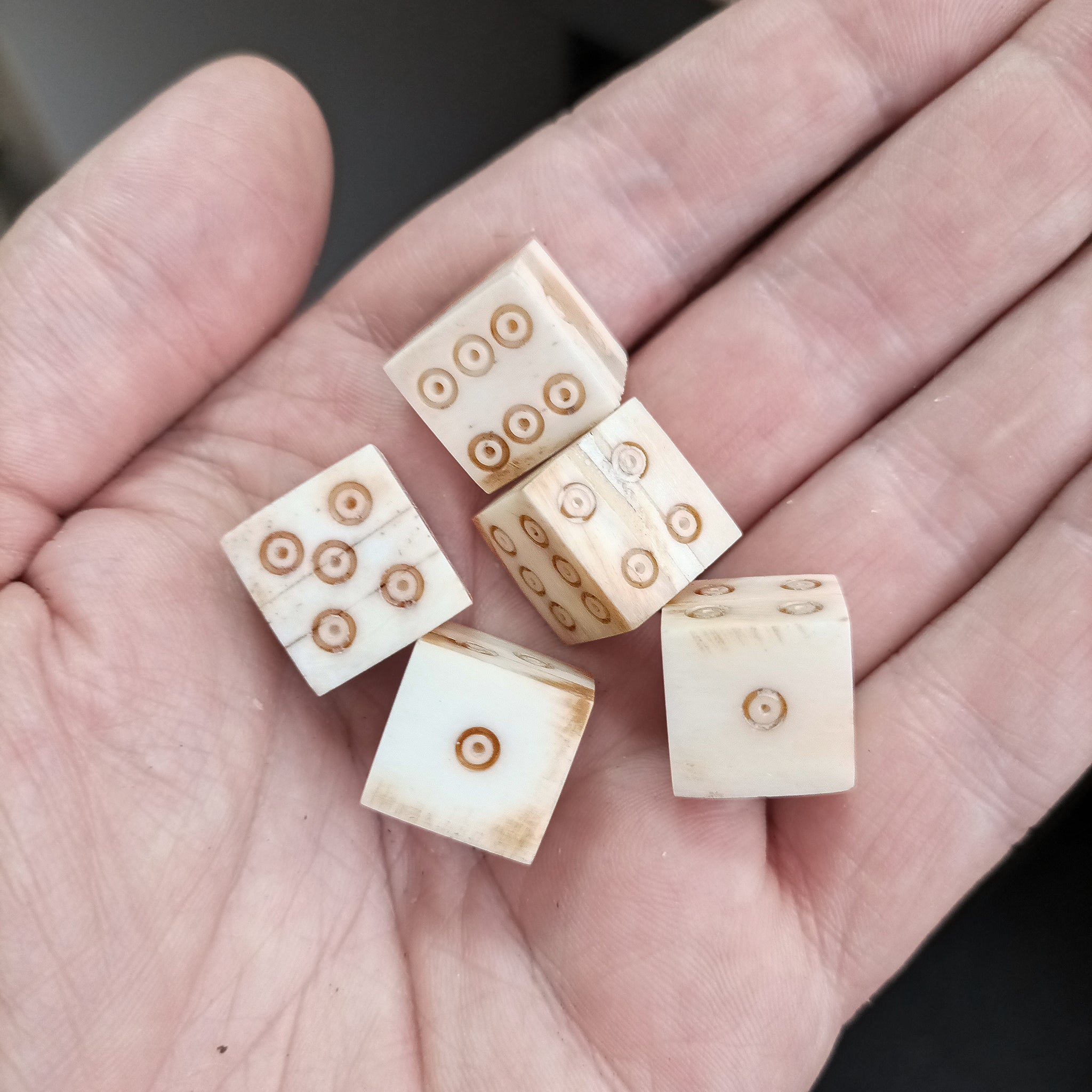 Large Bone Dice With Brown Dot and Rings Marks x 5 On Hand