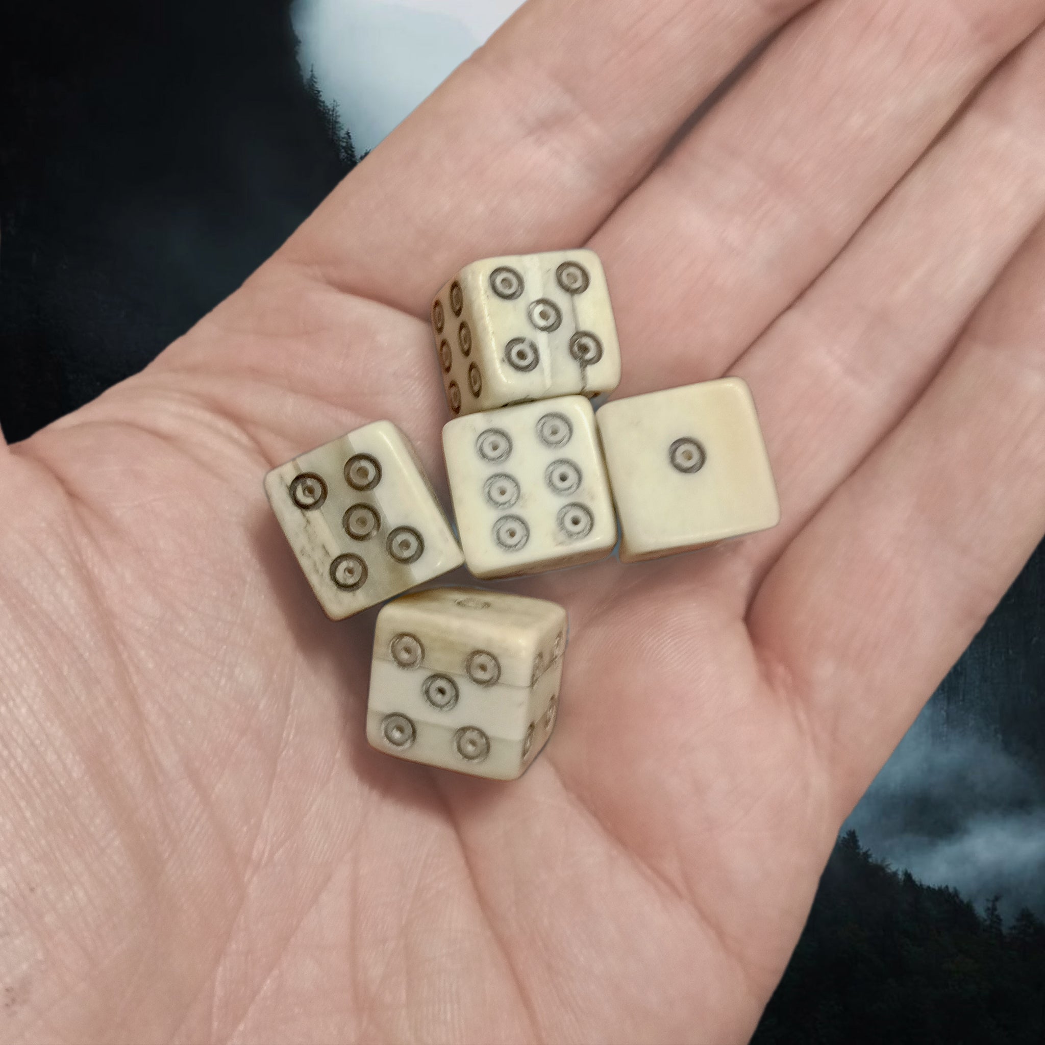 Large Size Cow Bone Dice Replicas with Hand-Carved Dot & Ring Spots on Hand x 5