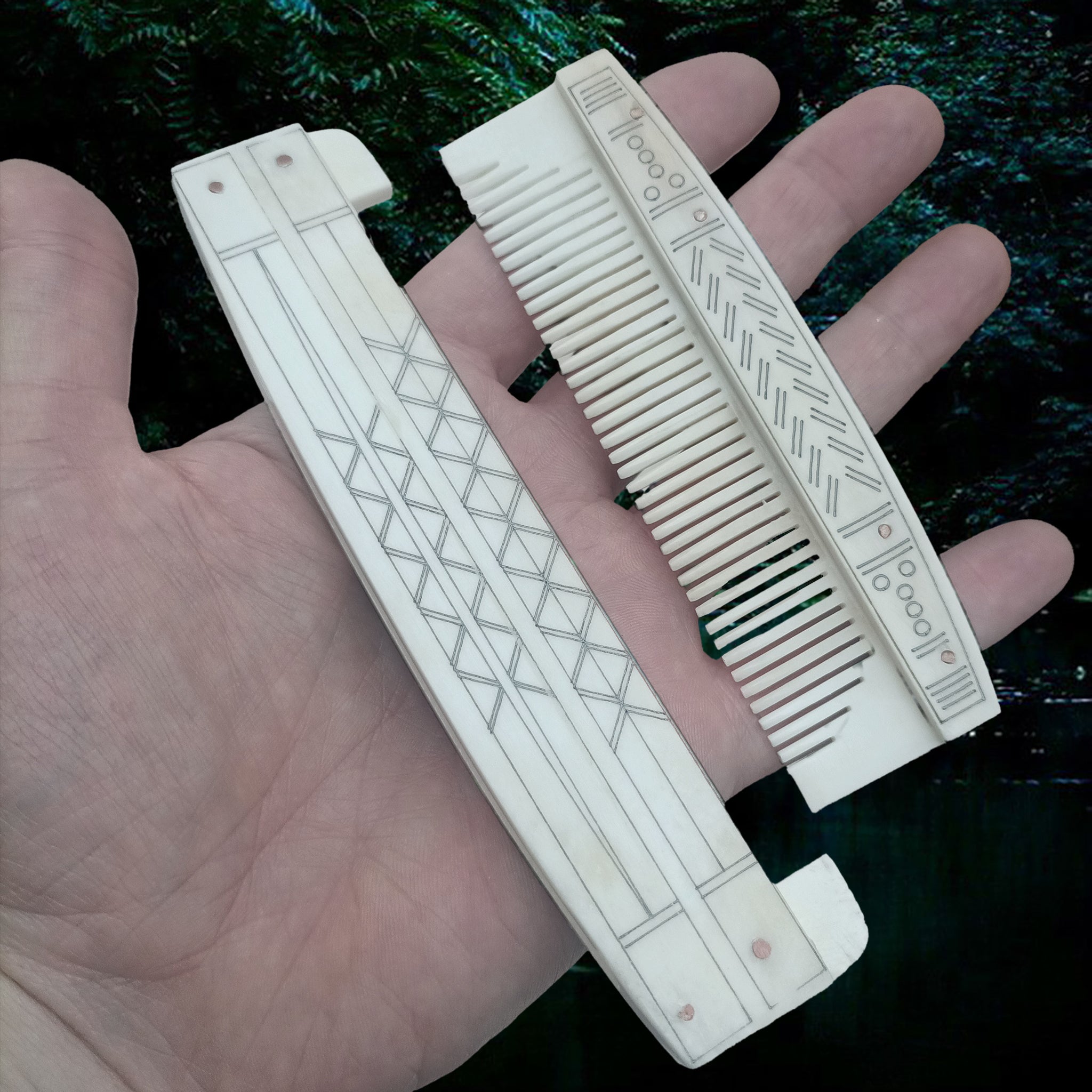 Large Encased Bone Viking Comb with Markings on  Hand - Comb & Case