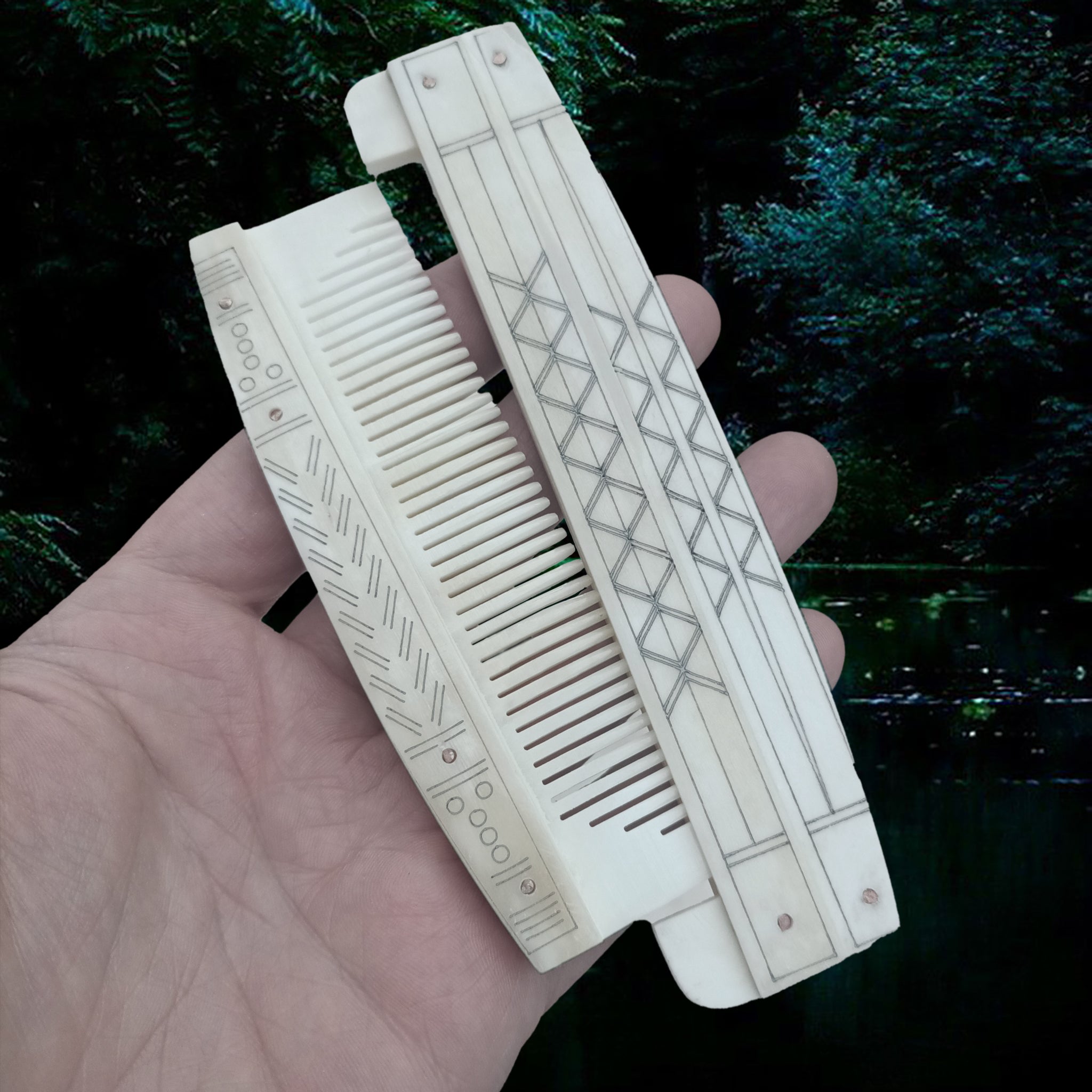 Large Encased Bone Viking Comb with Markings on Hand - Opened
