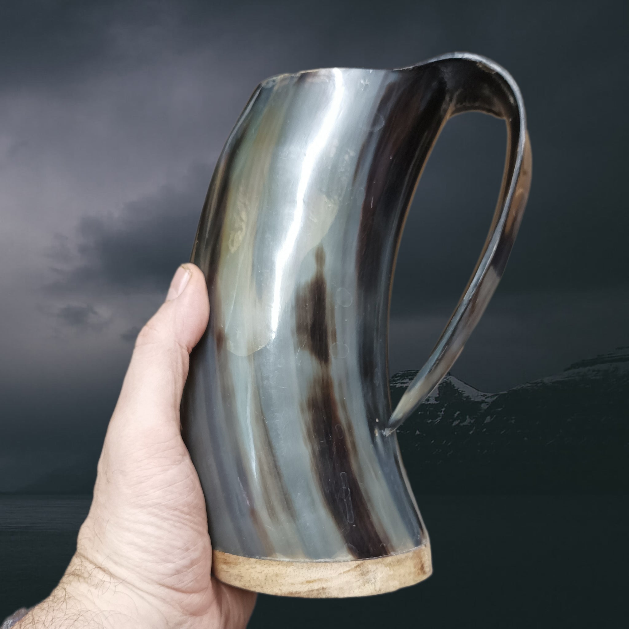 Large Polished Ox Horn Beer Mug in Hand Aloft