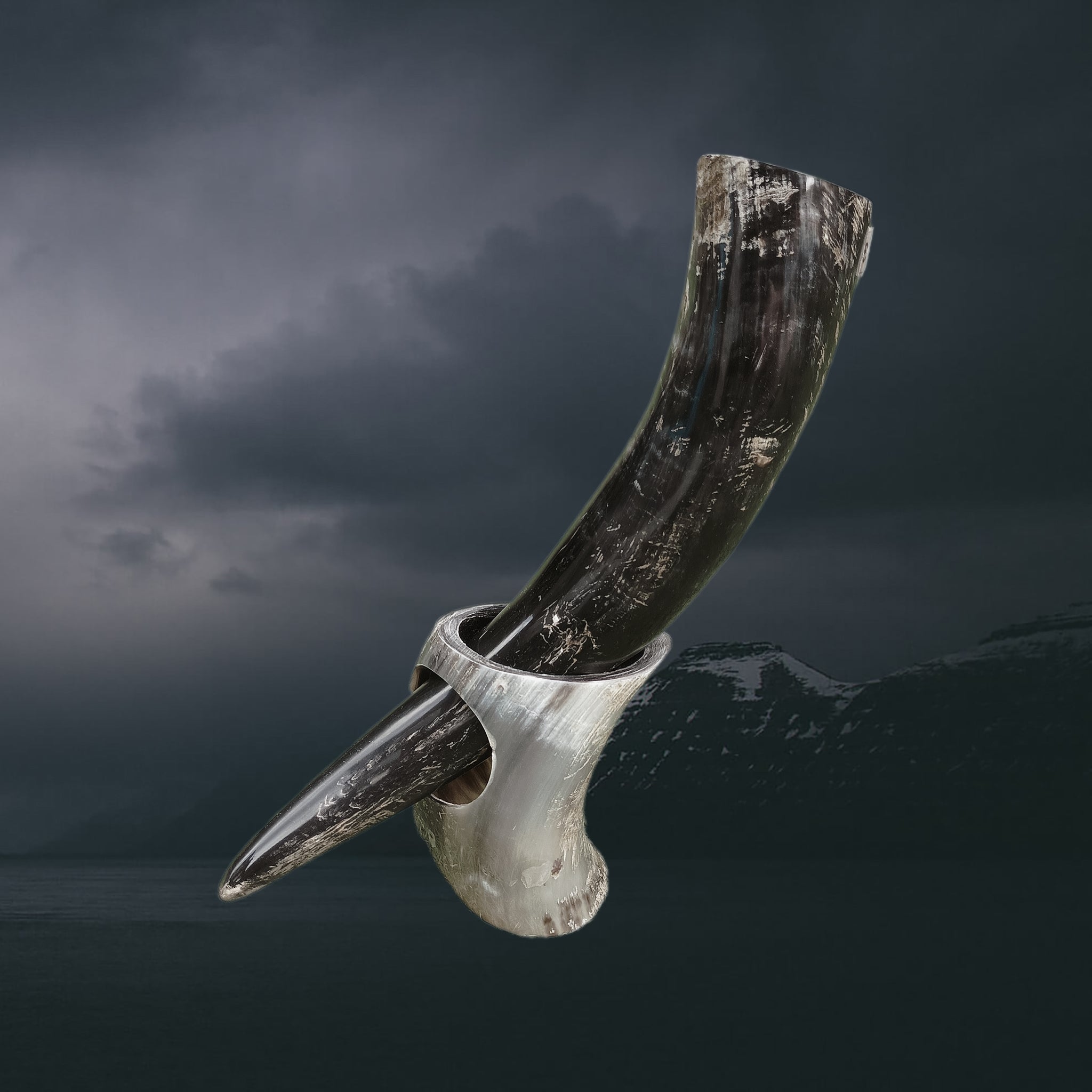 Small Ox Horn Viking Drinking Horn with Fitted Horn Stand.