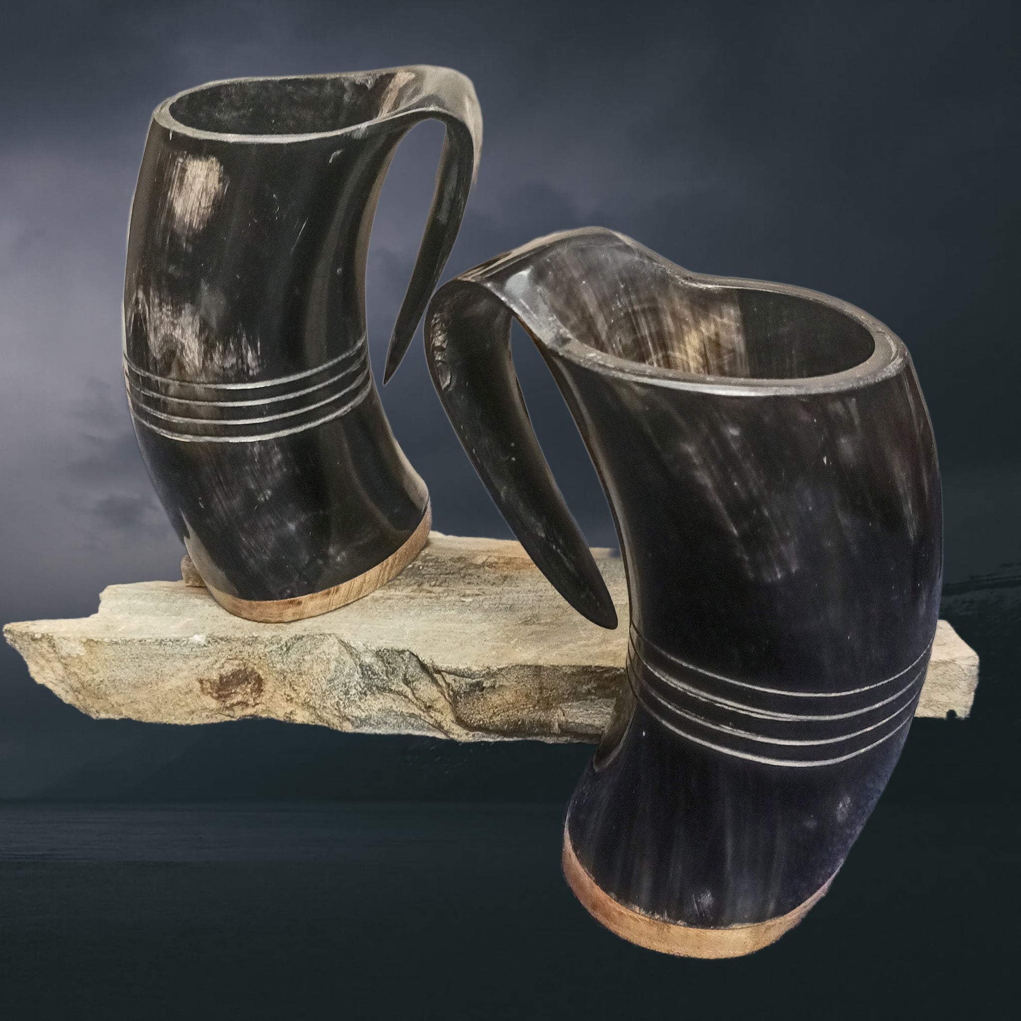 Polished & Treated Ox Horn Beer Mugs with Hardwood Base & Ridge design - Medium Size