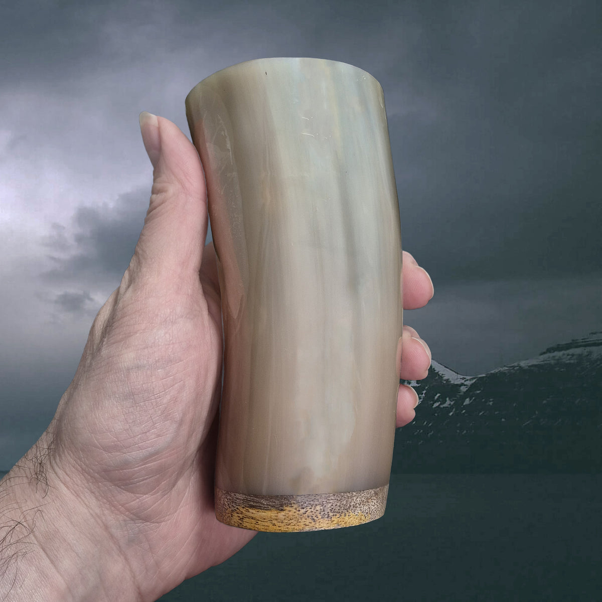 Handmade Polished Ox Horn Beer Beaker with Wood Base in Hand - Medium Example 1