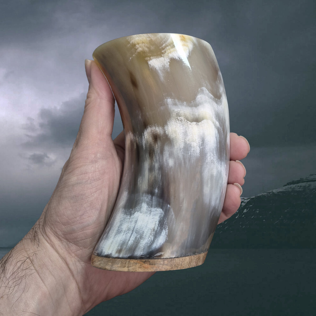 Handmade Polished Ox Horn Beer Beaker with Wood Base in Hand - Medium Example 3