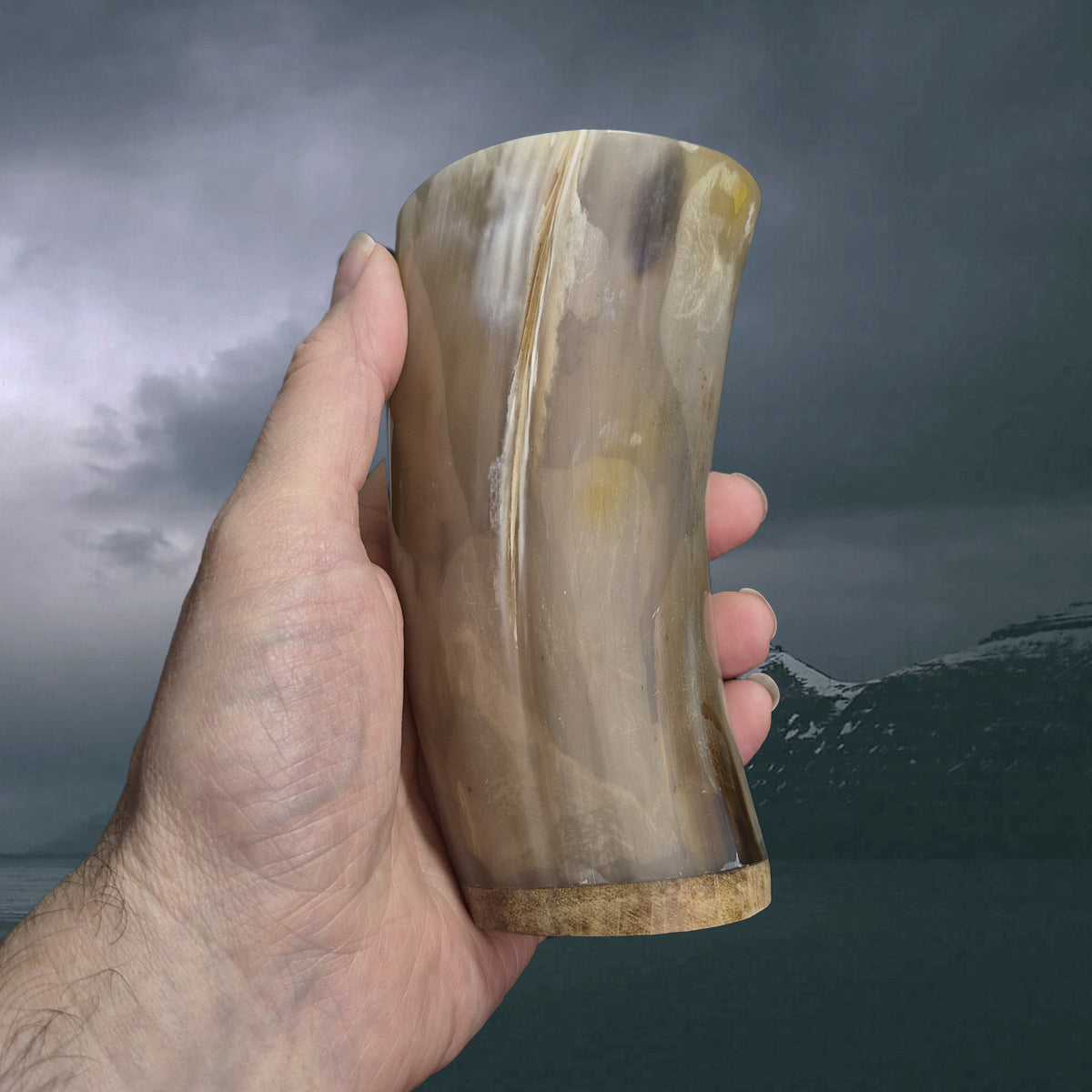 Handmade Polished Ox Horn Beer Beaker with Wood Base in Hand - Small Example 1