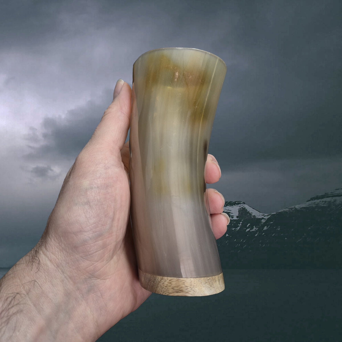 Handmade Polished Ox Horn Beer Beaker with Wood Base in Hand - Small Example 2