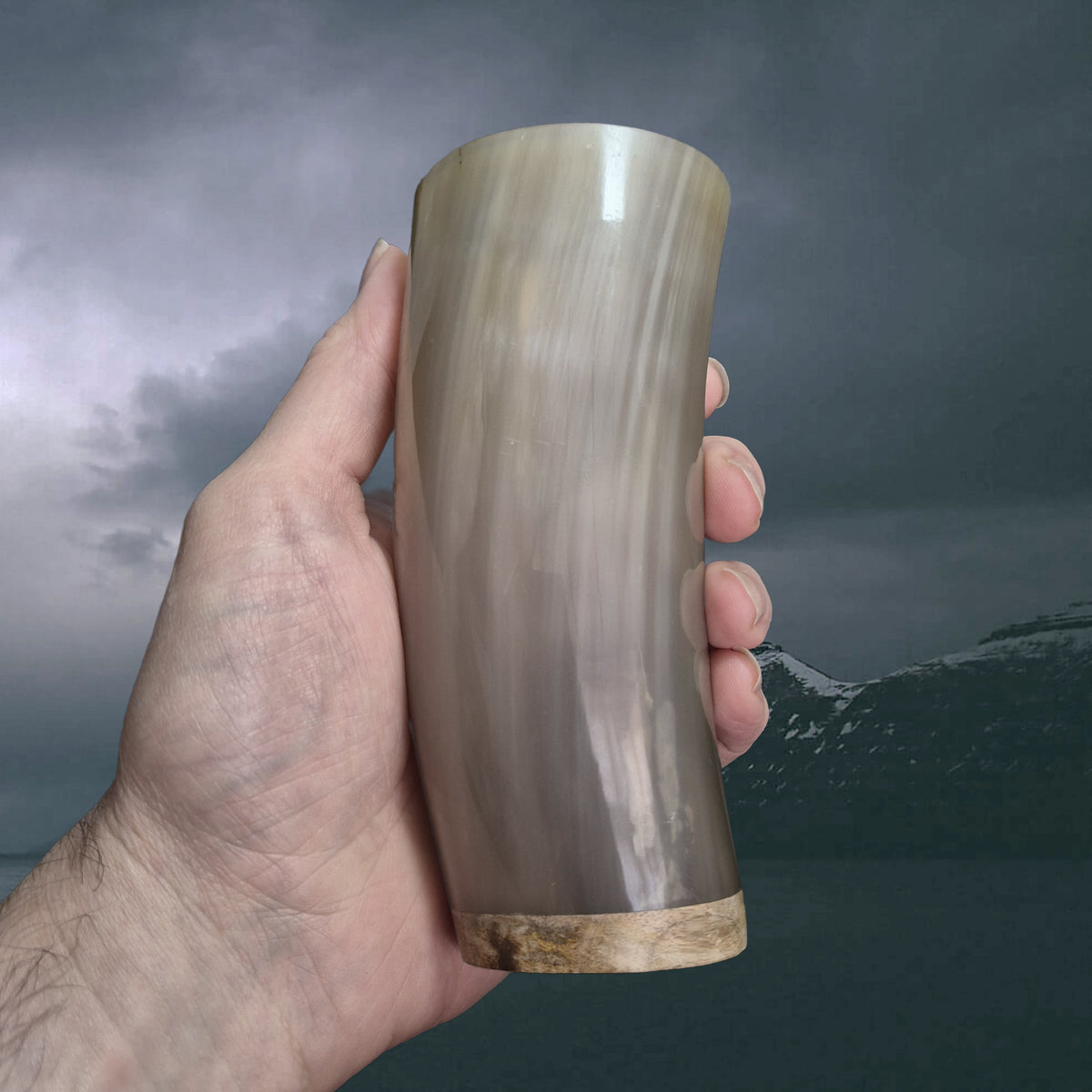 Handmade Polished Ox Horn Beer Beaker with Wood Base in Hand - Small Example 3