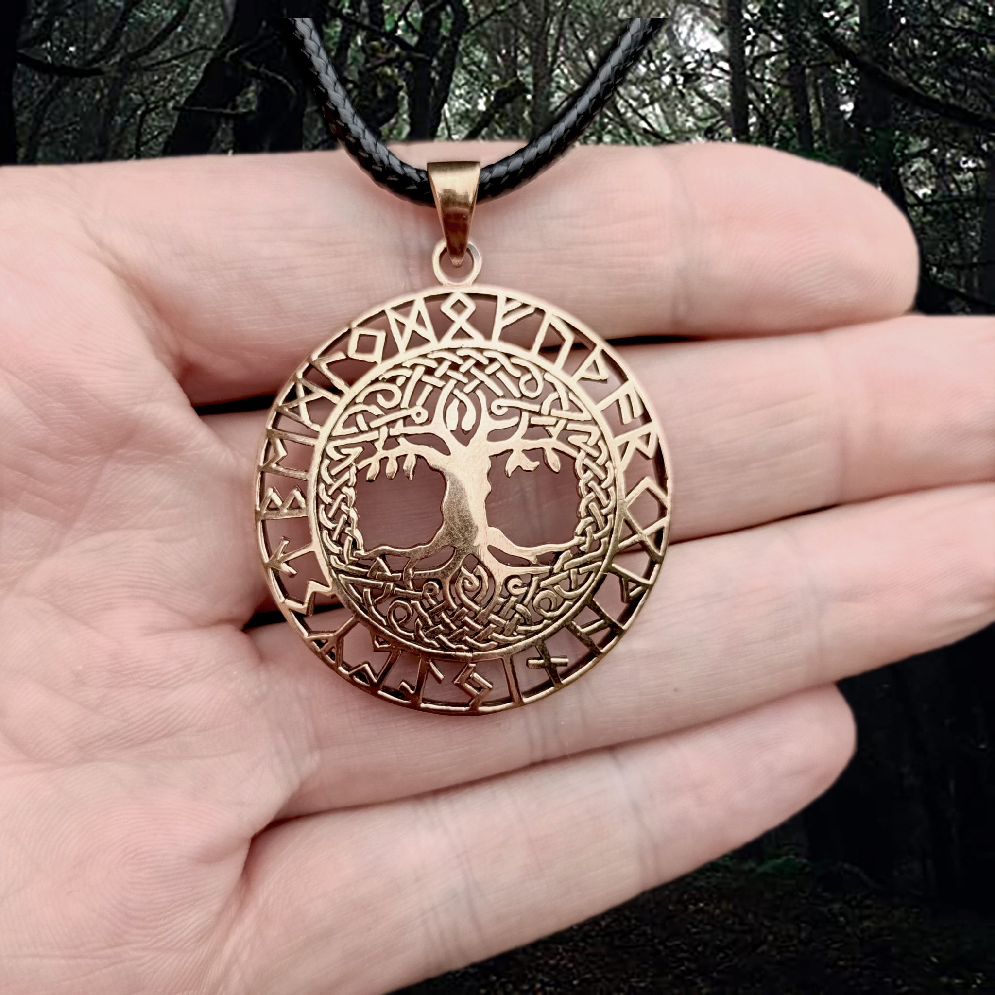 Large Bronze Yggdrasil Runic Pendant in Hand - Viking Jewelry