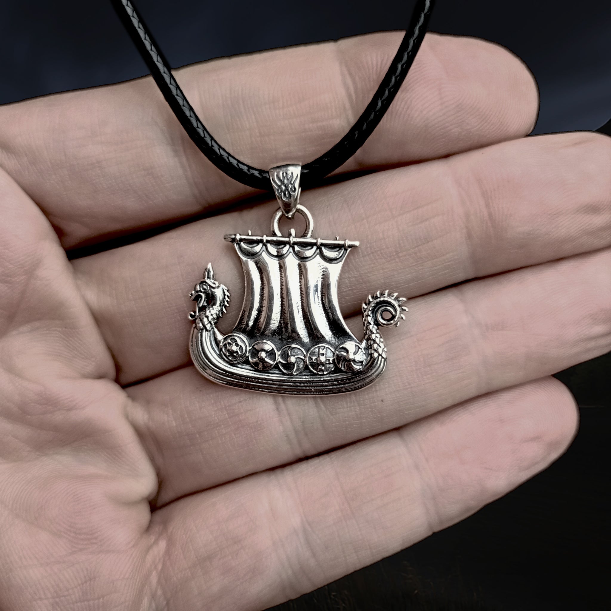 Silver Drakkar Viking Ship Pendant on Hand - Viking Jewelry