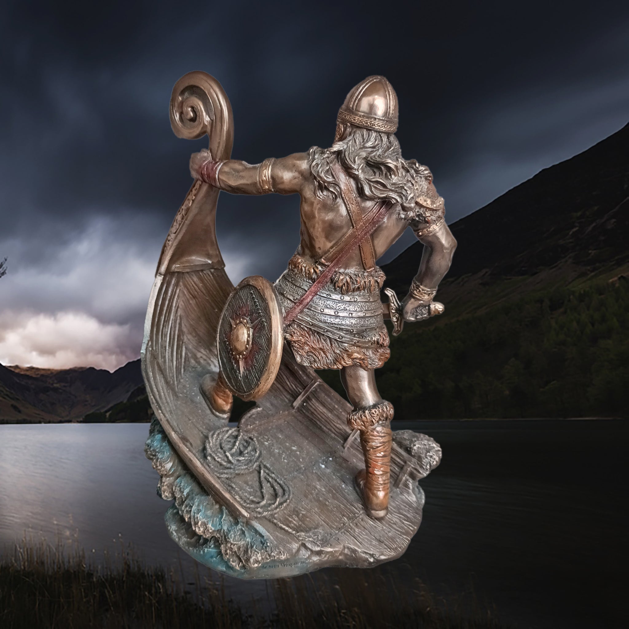 Hand-Painted Large Statue of a Norse Warrior Leader in Solid Resin, with Sword, Shield & Ship - Back Angle View