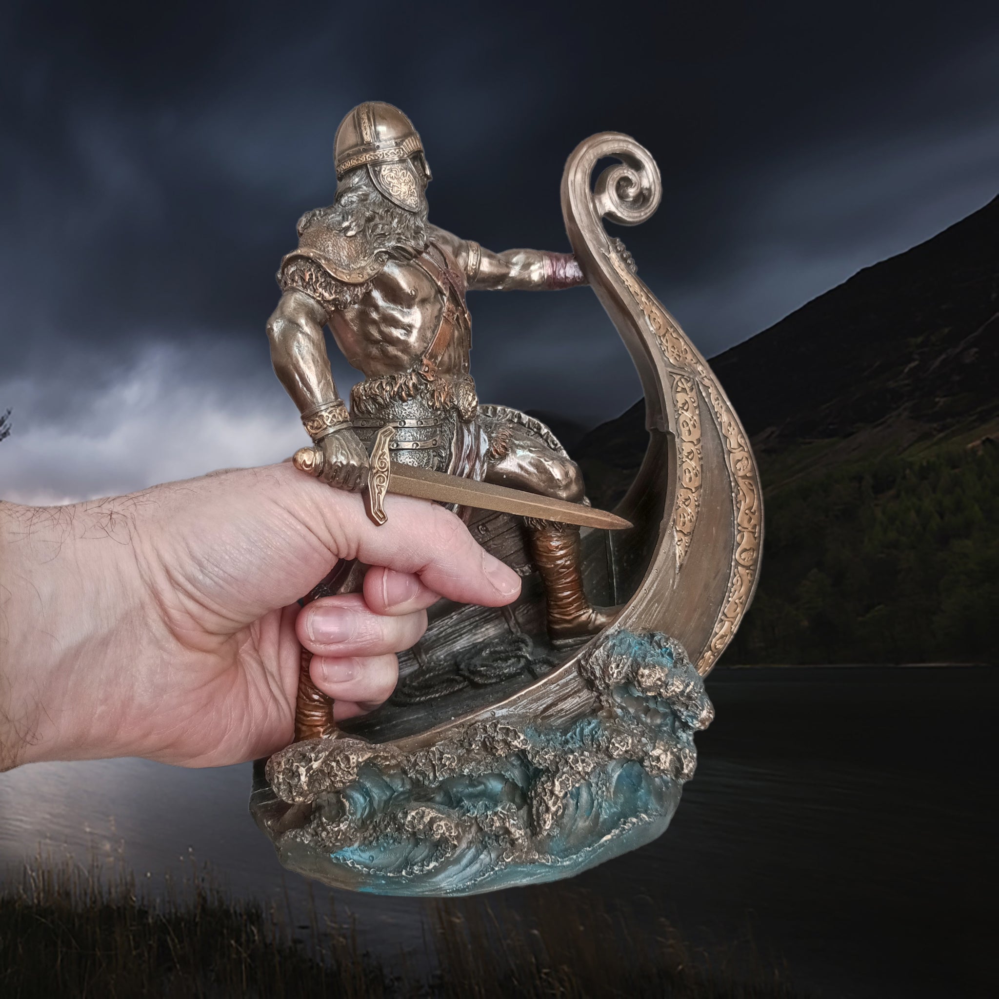 Hand-Painted Large Statue of a Norse Warrior Leader in Solid Resin, with Sword, Shield & Ship in Right Hand for Scale