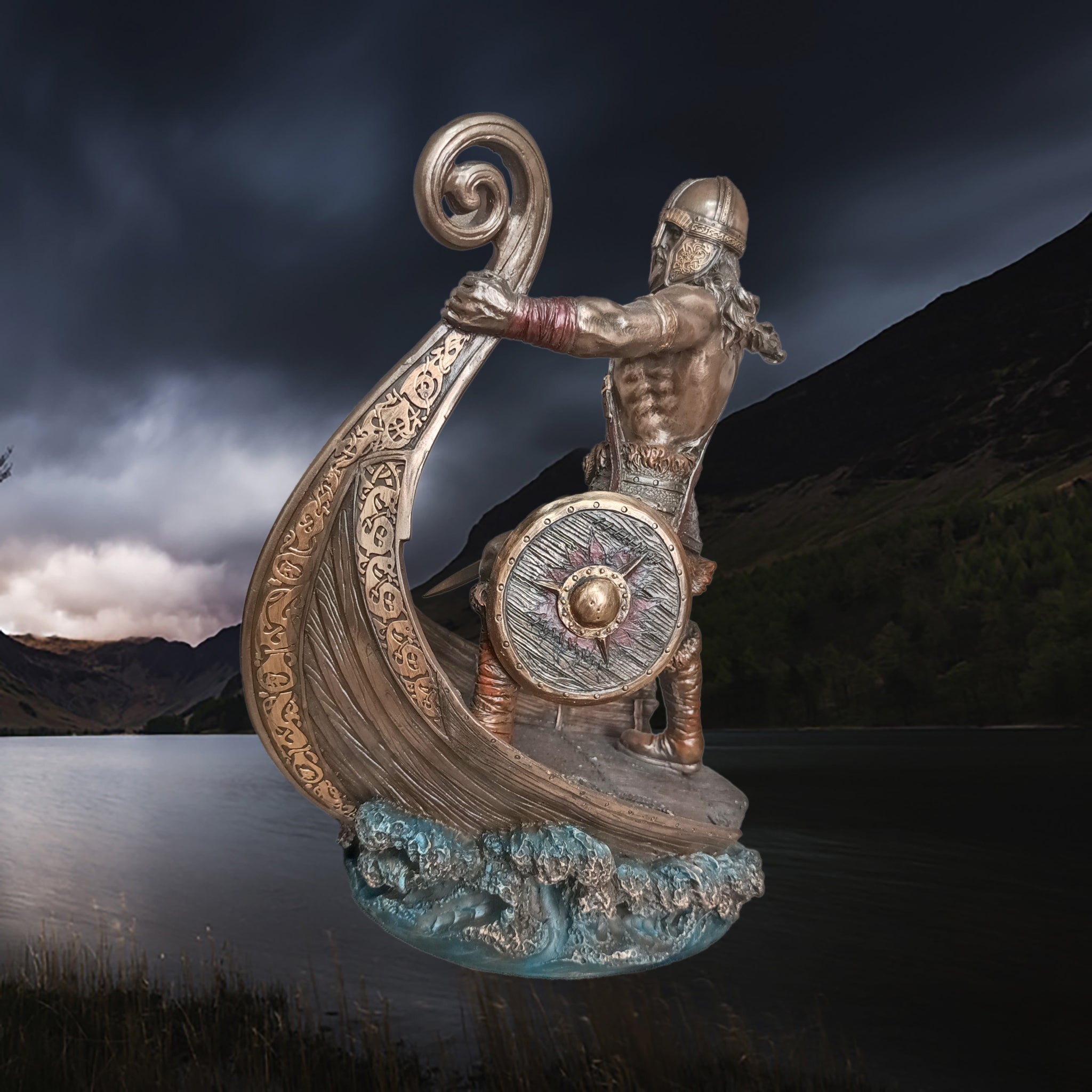 Hand-Painted Large Statue of a Norse Warrior Leader in Solid Resin, with Sword, Shield & Ship - Left Side View