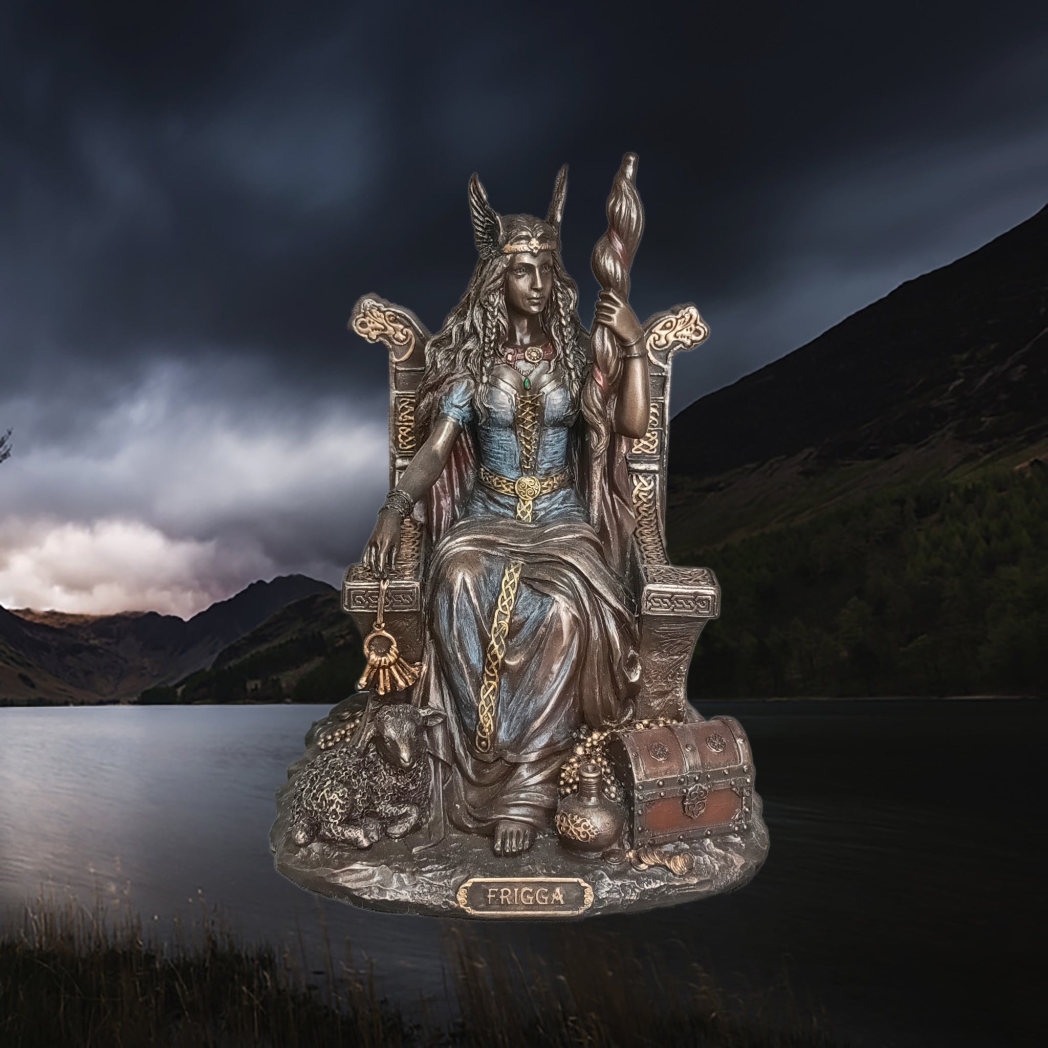 Hand-Painted Large Seated Statue of the Norse Goddess Frigga in Solid Resin