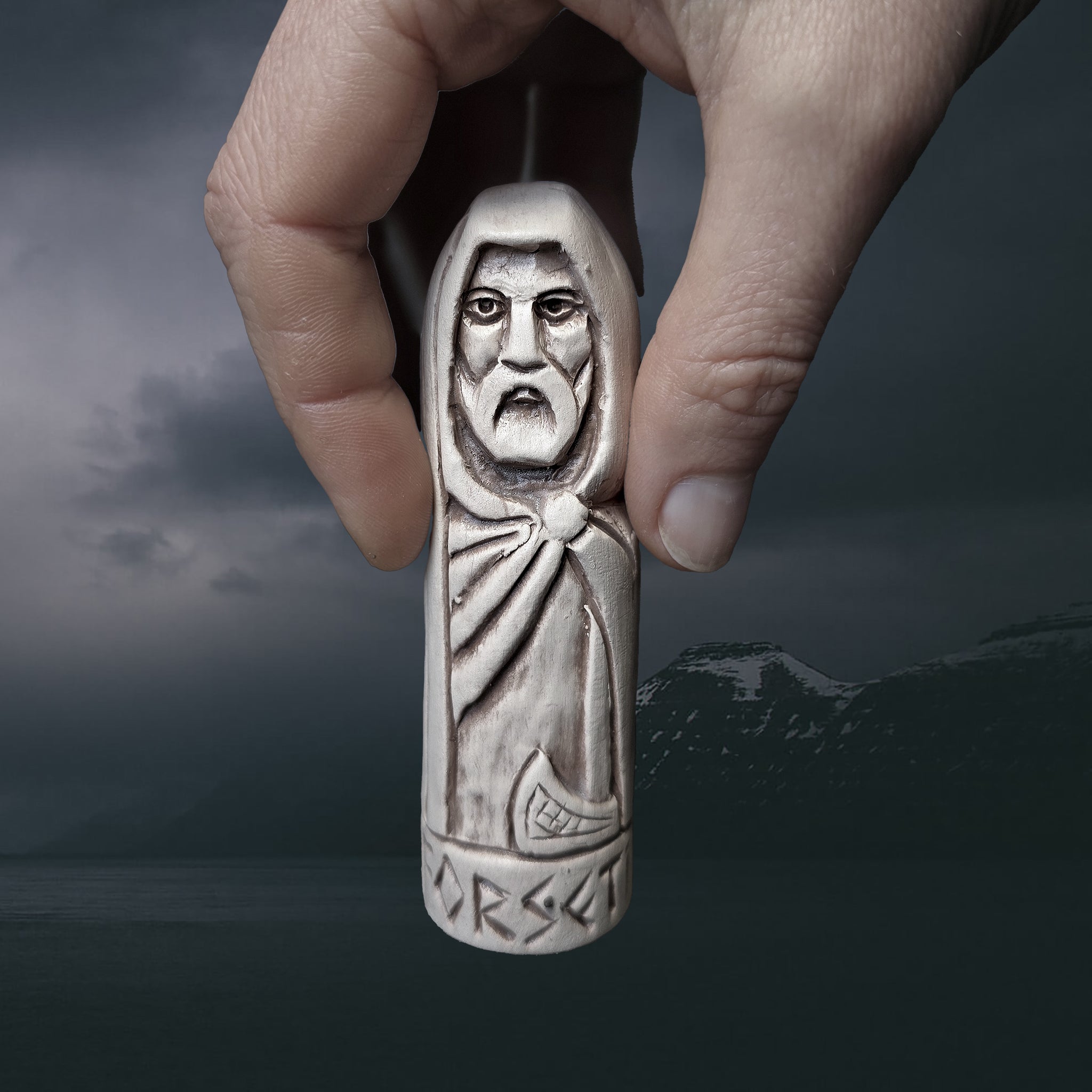Hand-Crafted Ceramic Norse God Forseti Statuette in Hand for Scale
